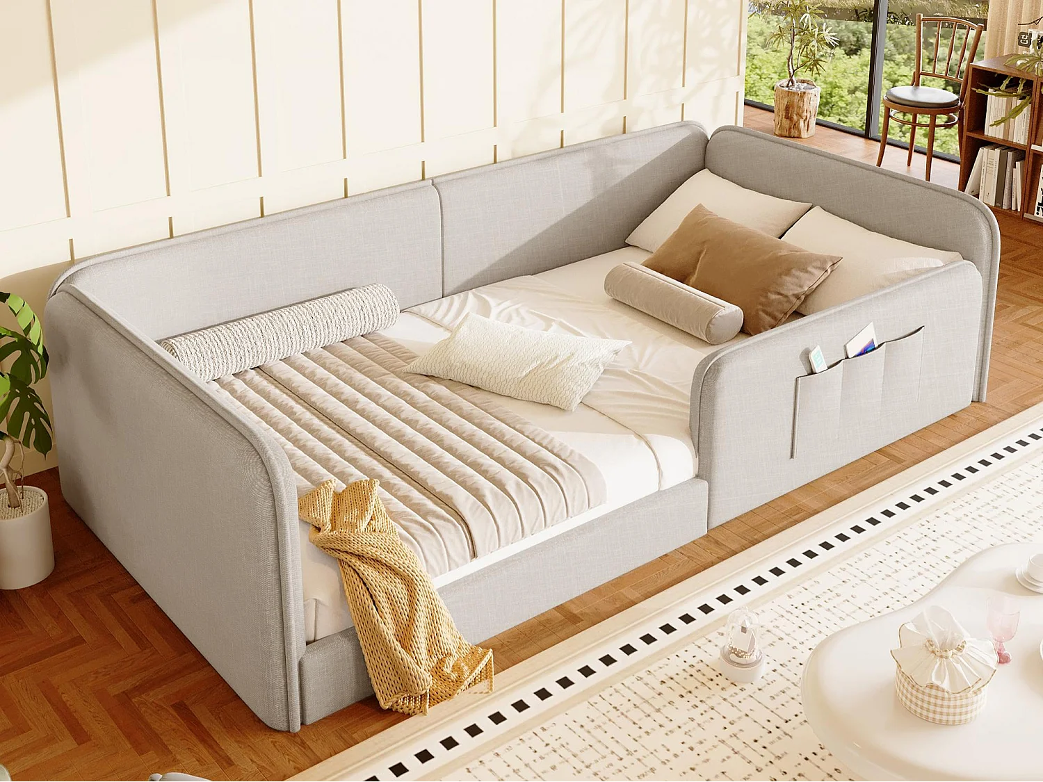 Single bed 90 x 200 cm - Children's bed in linen - Foam padding - Storage bag - MDF - Beige (without mattress)