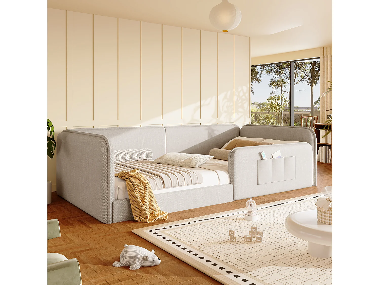 Single bed 90 x 200 cm - Children's bed in linen - Foam padding - Storage bag - MDF - Beige (without mattress)
