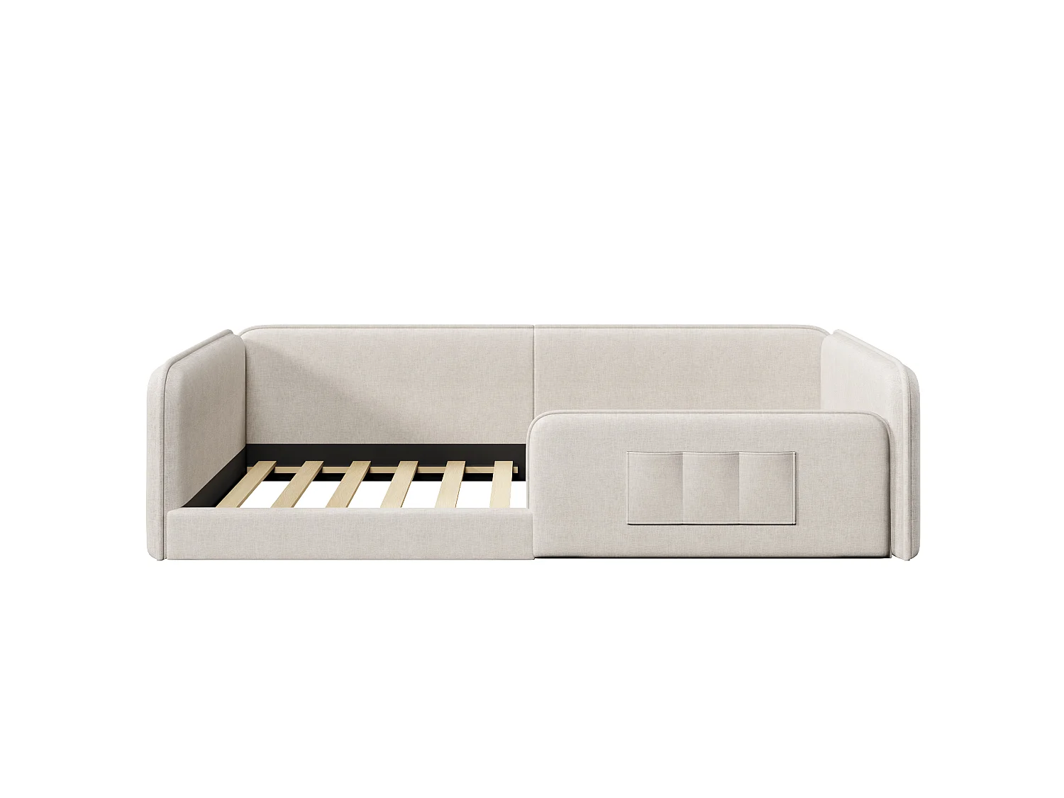 Single bed 90 x 200 cm - Children's bed in linen - Foam padding - Storage bag - MDF - Beige (without mattress)