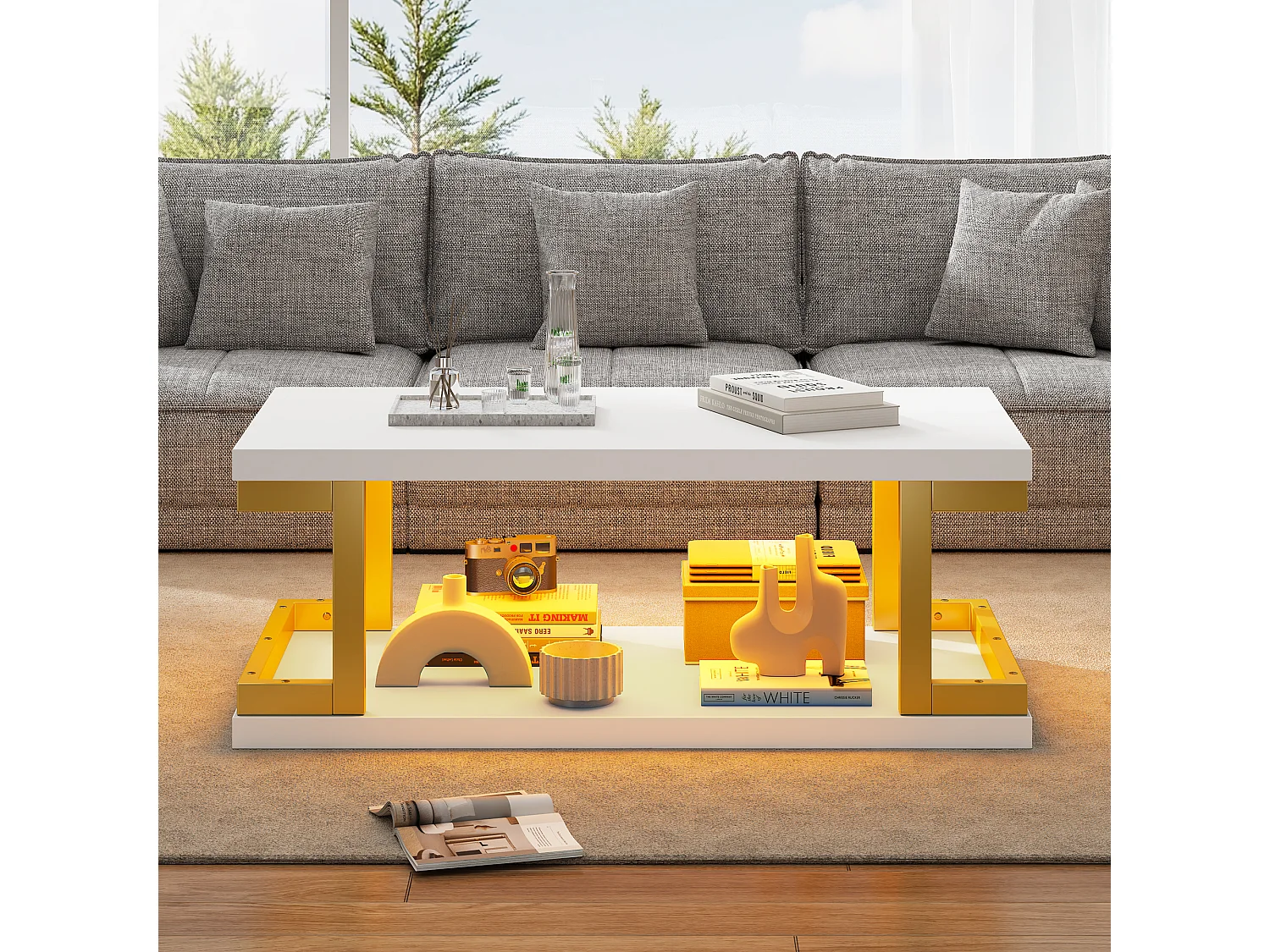Rechteckiger Couchtisch 100 x 50 x 37,5 cm - LED-Beleuchtung - Gestell aus Metall und MDF - Weiß und Gold