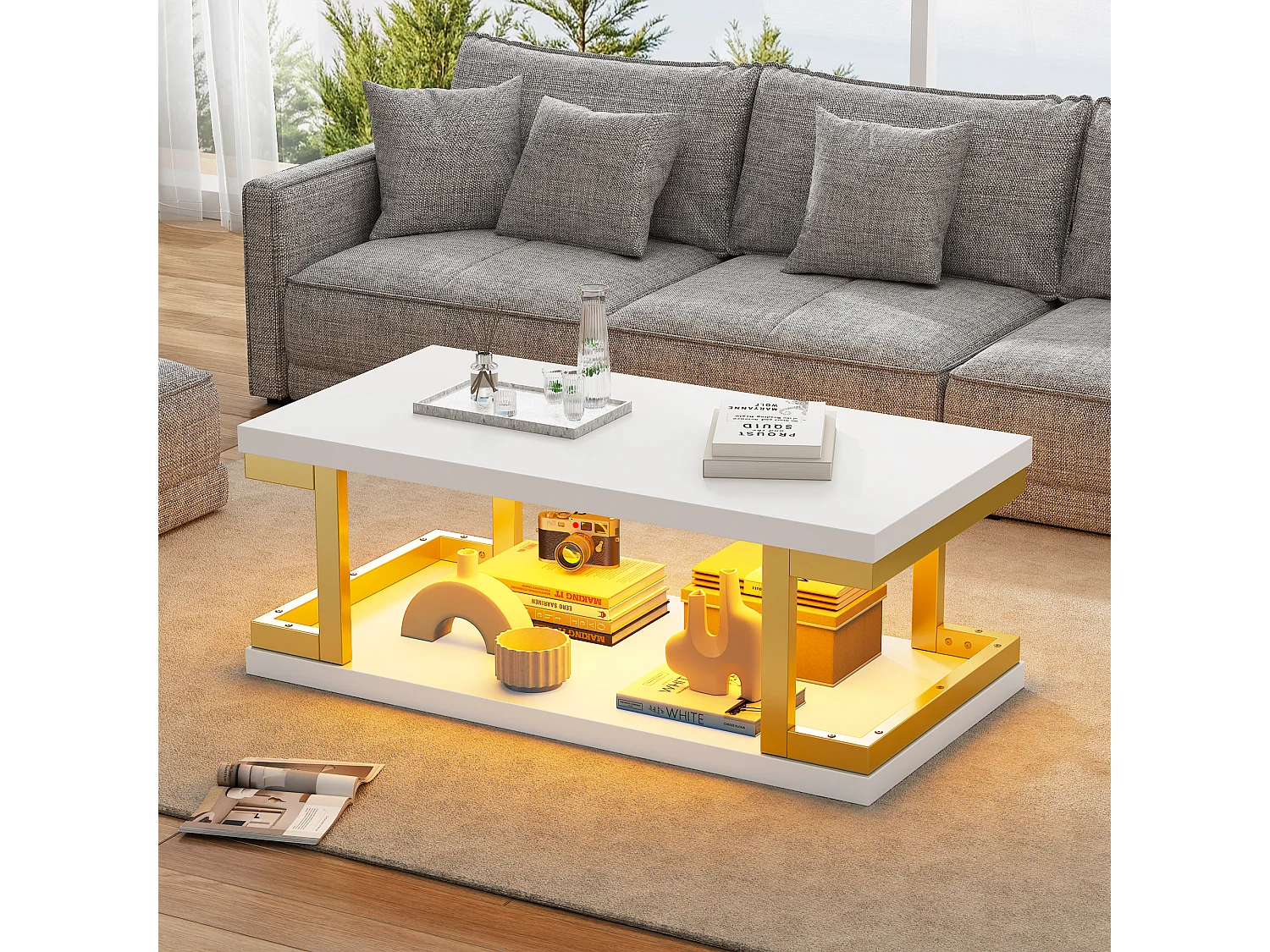 Rechteckiger Couchtisch 100 x 50 x 37,5 cm - LED-Beleuchtung - Gestell aus Metall und MDF - Weiß und Gold
