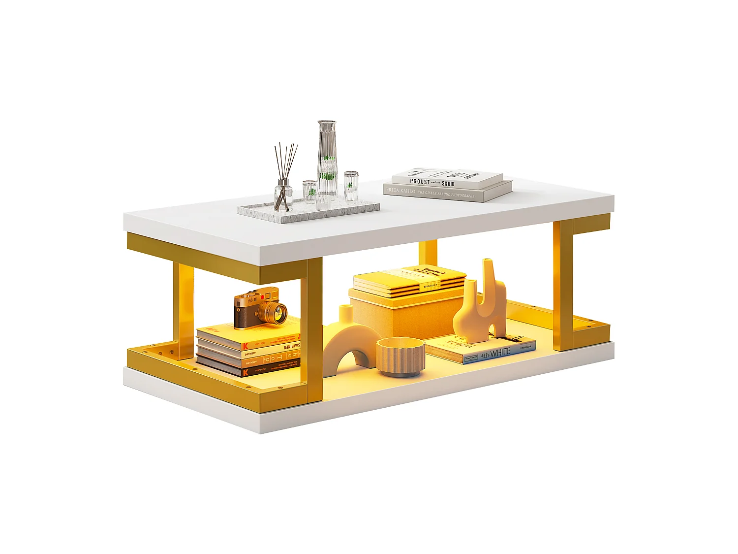 Rechteckiger Couchtisch 100 x 50 x 37,5 cm - LED-Beleuchtung - Gestell aus Metall und MDF - Weiß und Gold
