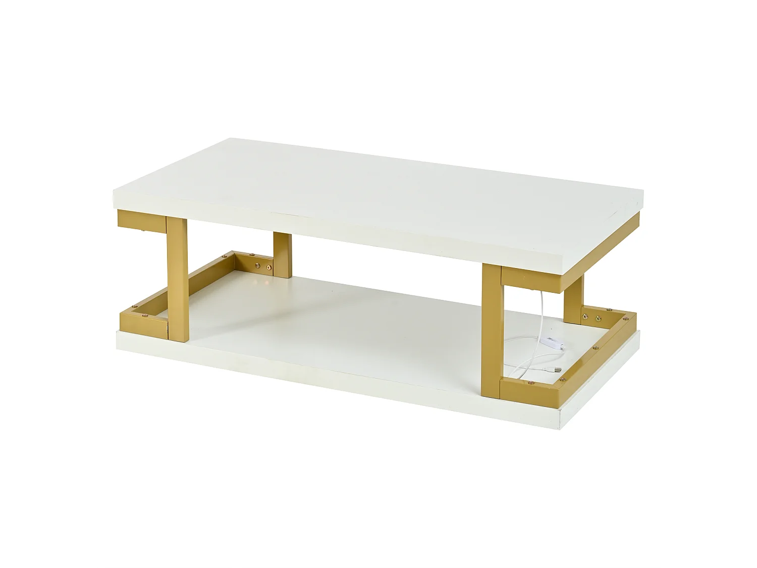 Rechteckiger Couchtisch 100 x 50 x 37,5 cm - LED-Beleuchtung - Gestell aus Metall und MDF - Weiß und Gold