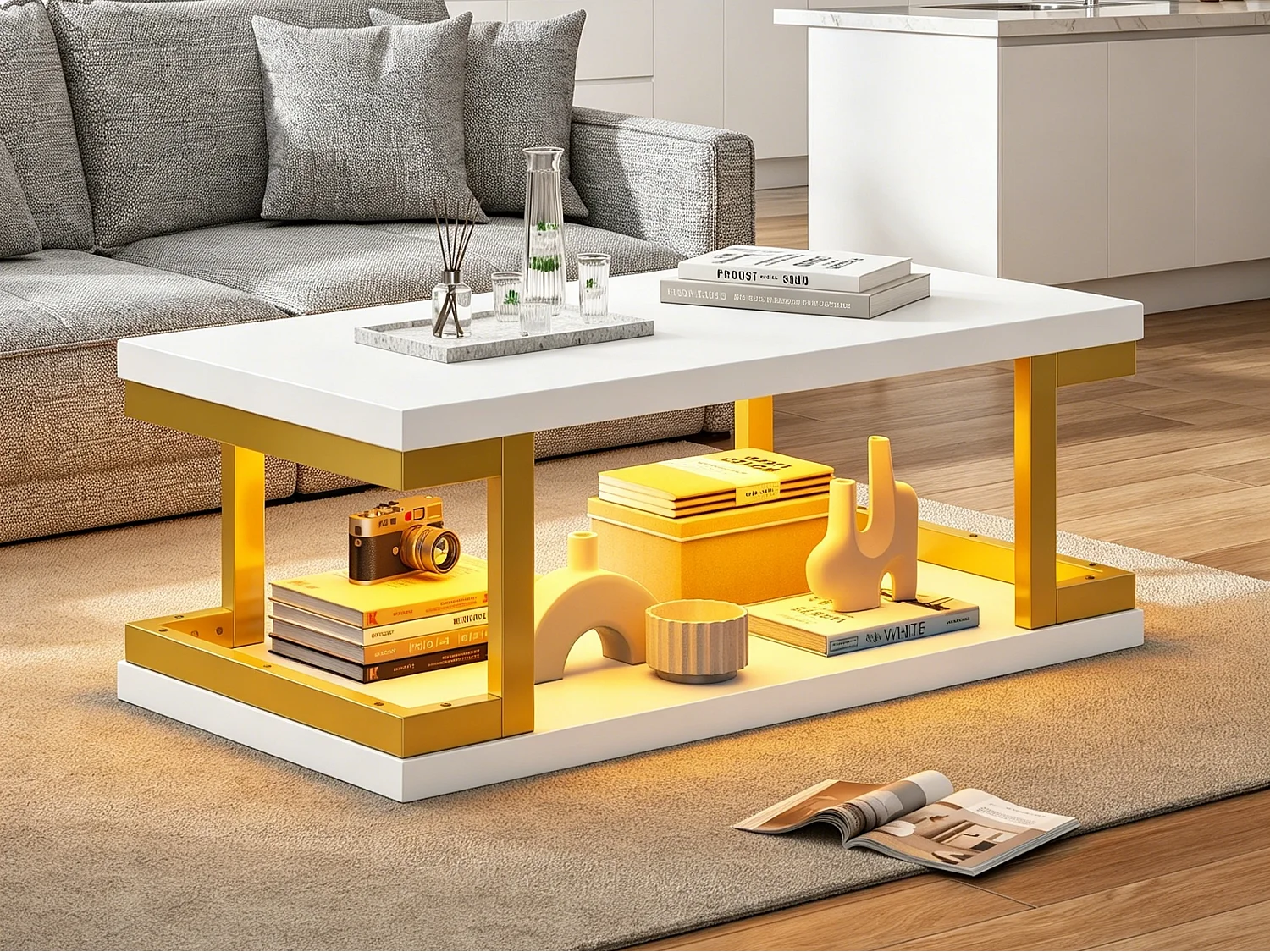 Rechteckiger Couchtisch 100 x 50 x 37,5 cm - LED-Beleuchtung - Gestell aus Metall und MDF - Weiß und Gold