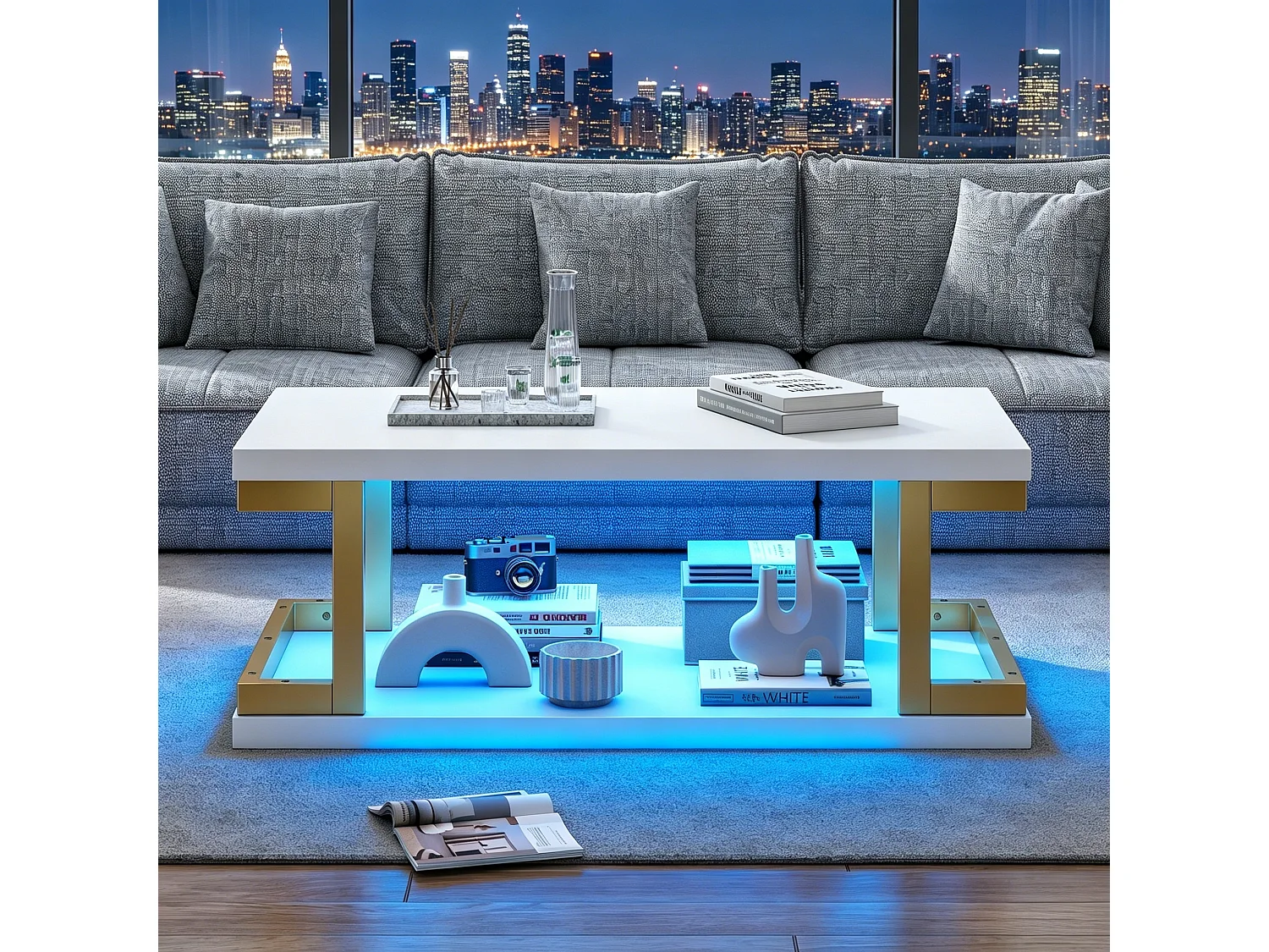 Rechteckiger Couchtisch 100 x 50 x 37,5 cm - LED-Beleuchtung - Gestell aus Metall und MDF - Weiß und Gold