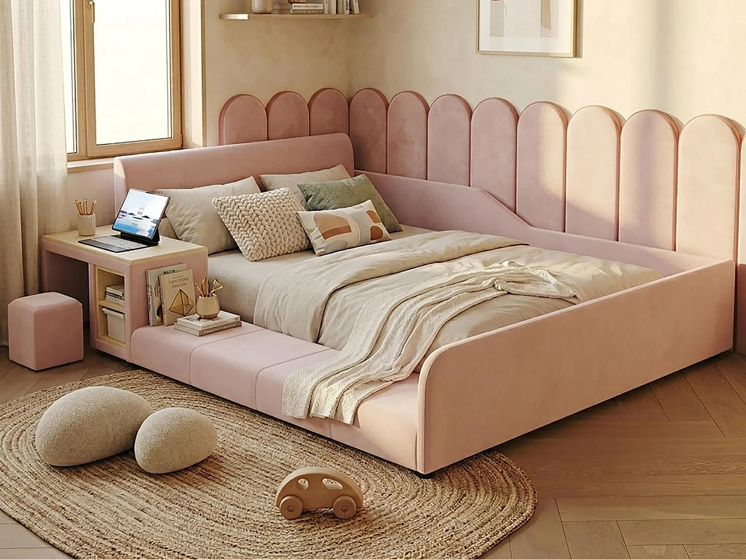 Lit enfant 140x200 cm rembourré en velours - avec bureau et tabouret pour enfants - avec étagère de rangement - Rose (sans matelas)