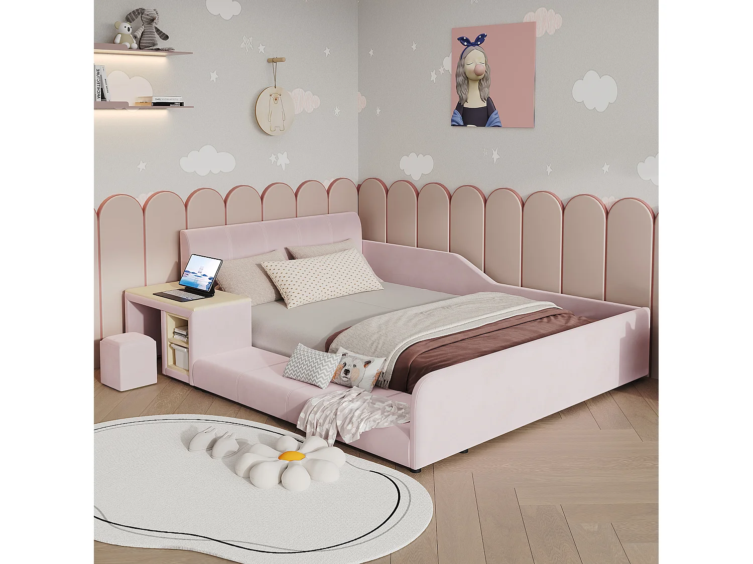 Lit enfant 140x200 cm rembourré en velours - avec bureau et tabouret pour enfants - avec étagère de rangement - Rose (sans matelas)