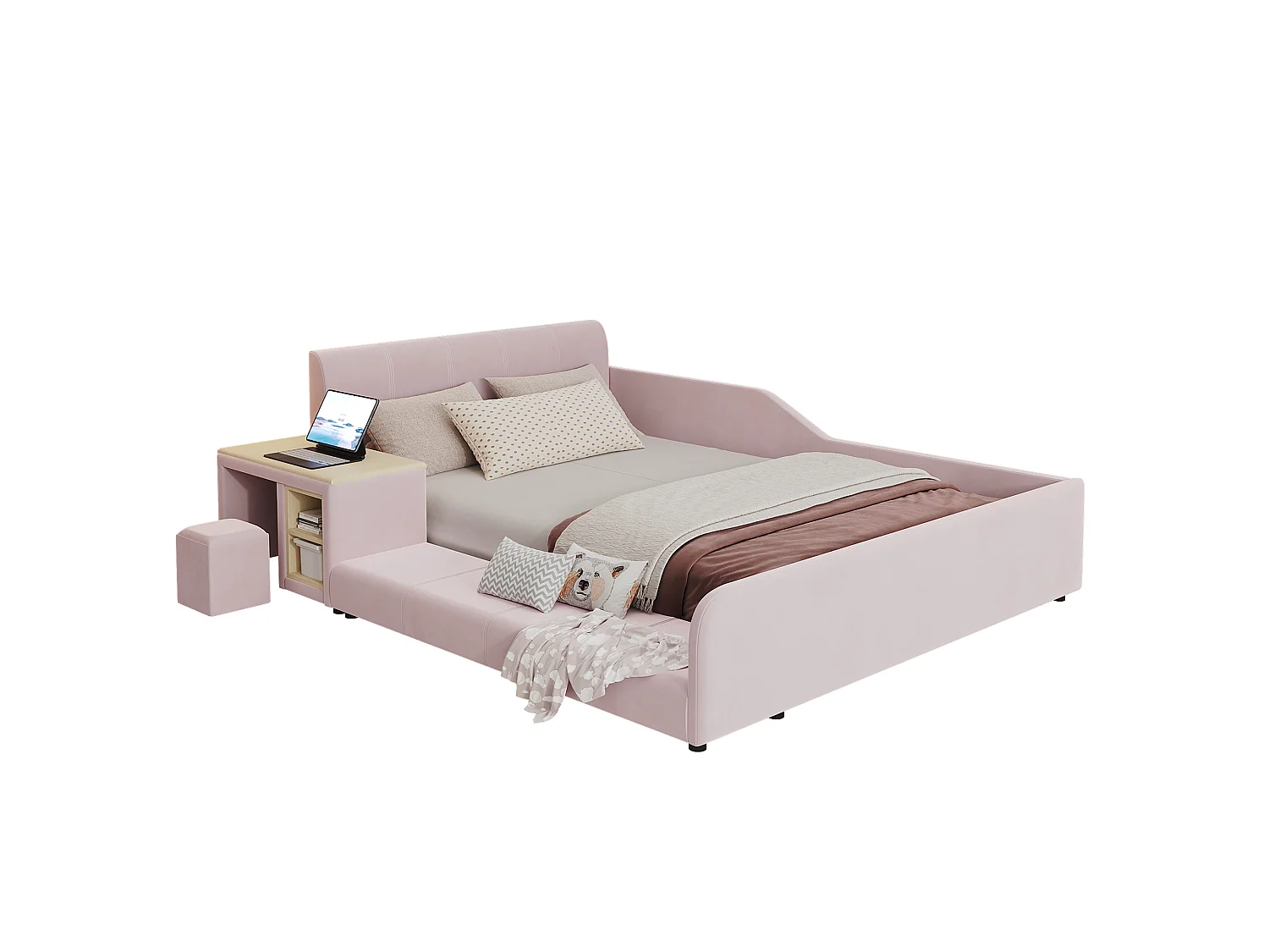 Lit enfant 140x200 cm rembourré en velours - avec bureau et tabouret pour enfants - avec étagère de rangement - Rose (sans matelas)