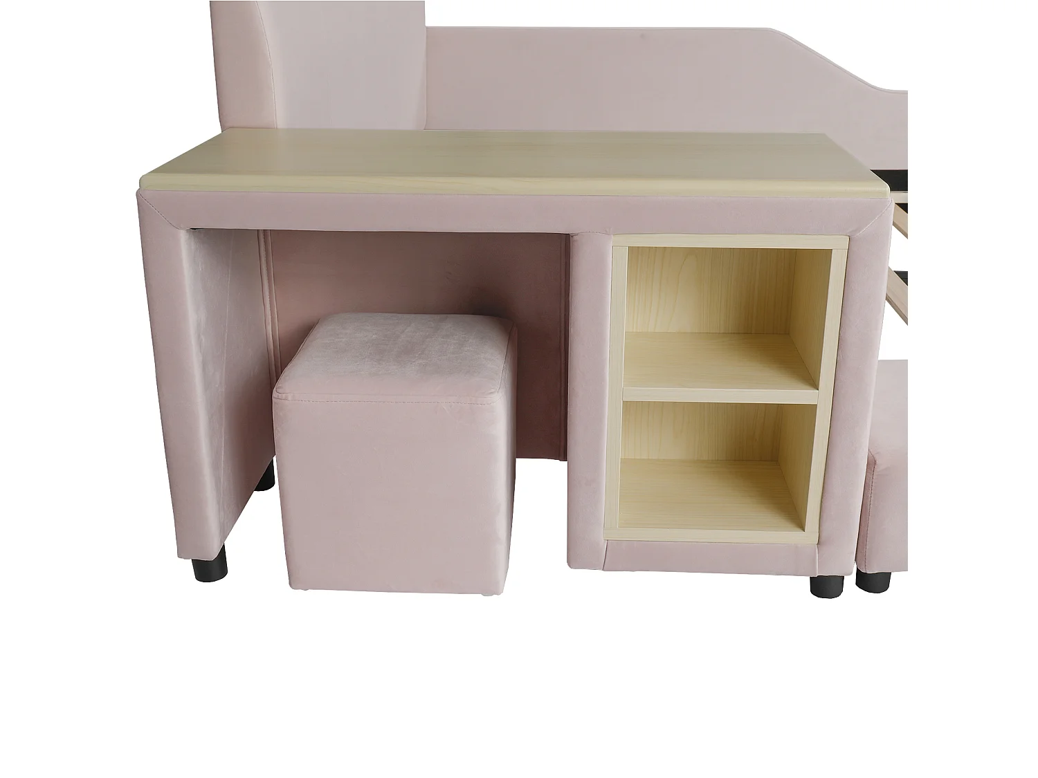 Lit enfant 140x200 cm rembourré en velours - avec bureau et tabouret pour enfants - avec étagère de rangement - Rose (sans matelas)