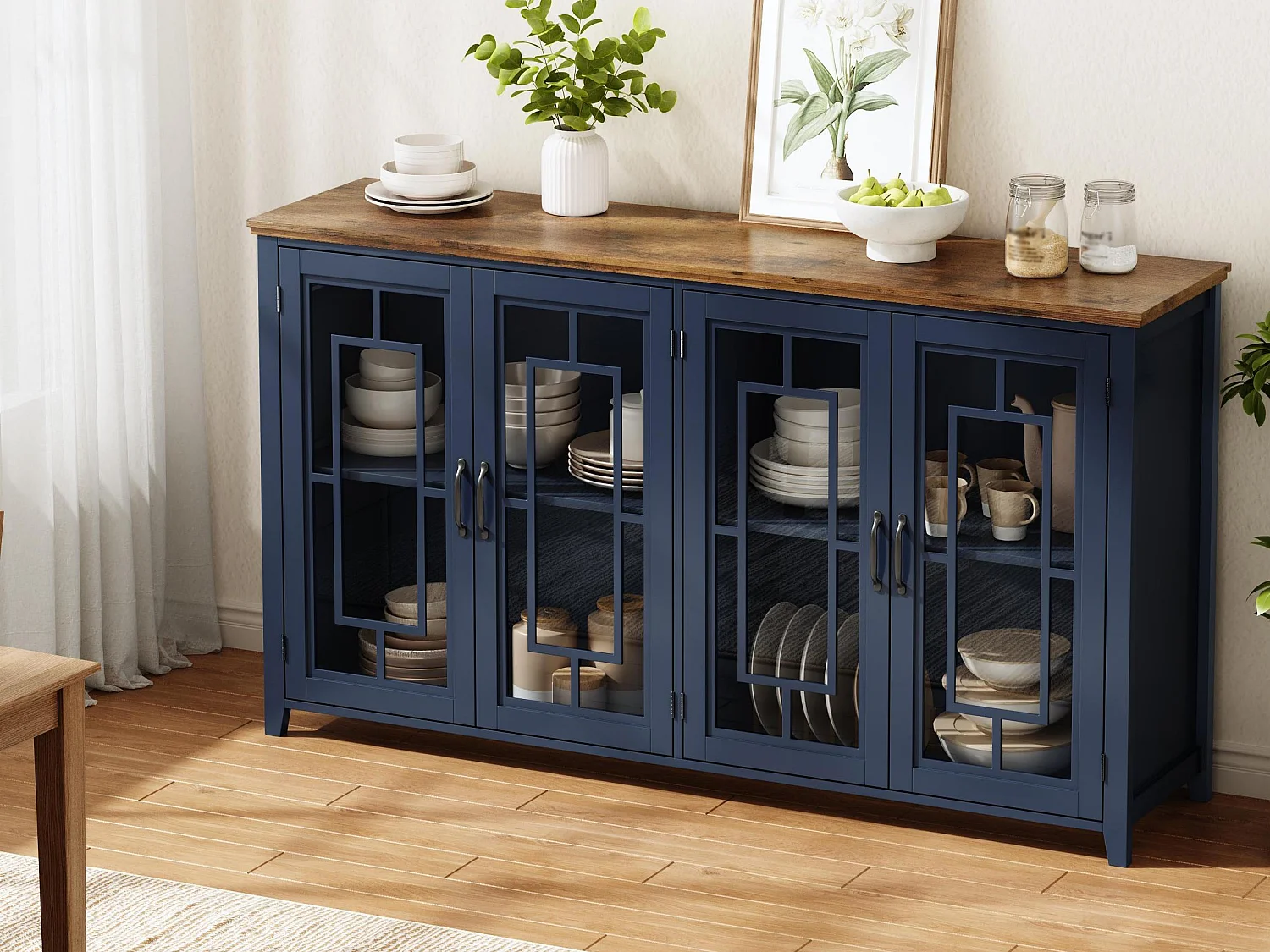 Buffet moderno 160x40x86cm - con 4 ante in vetro - piano in legno effetto legno - Blu