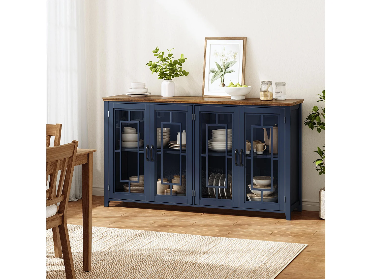 Buffet moderno 160x40x86cm - con 4 ante in vetro - piano in legno effetto legno - Blu