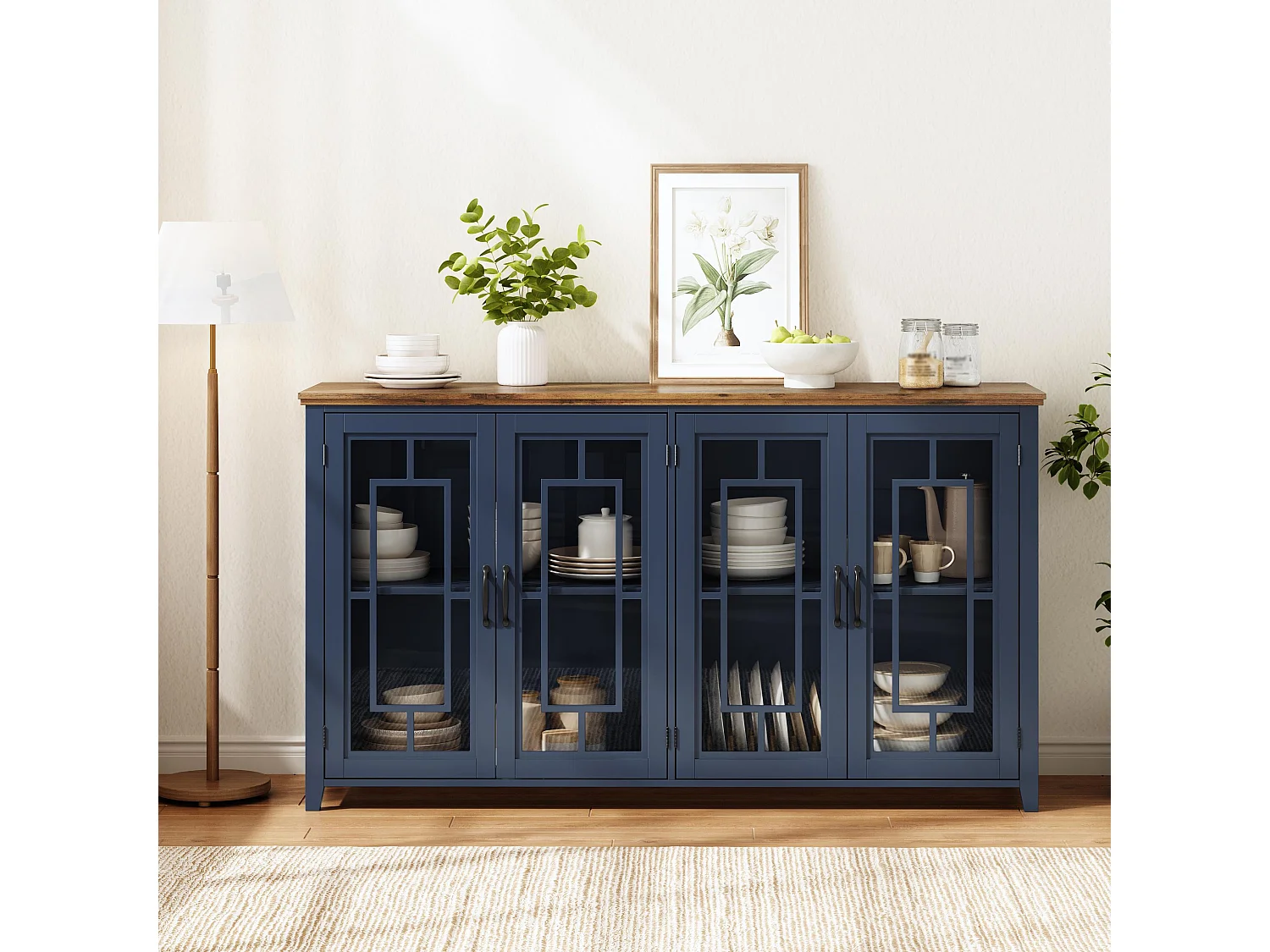 Buffet moderno 160x40x86cm - con 4 ante in vetro - piano in legno effetto legno - Blu