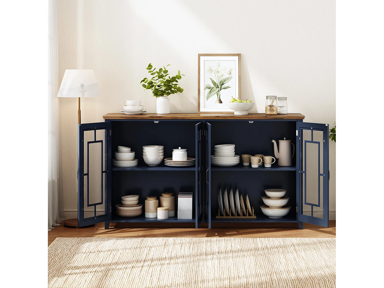 Buffet moderno 160x40x86cm - con 4 ante in vetro - piano in legno effetto legno - Blu