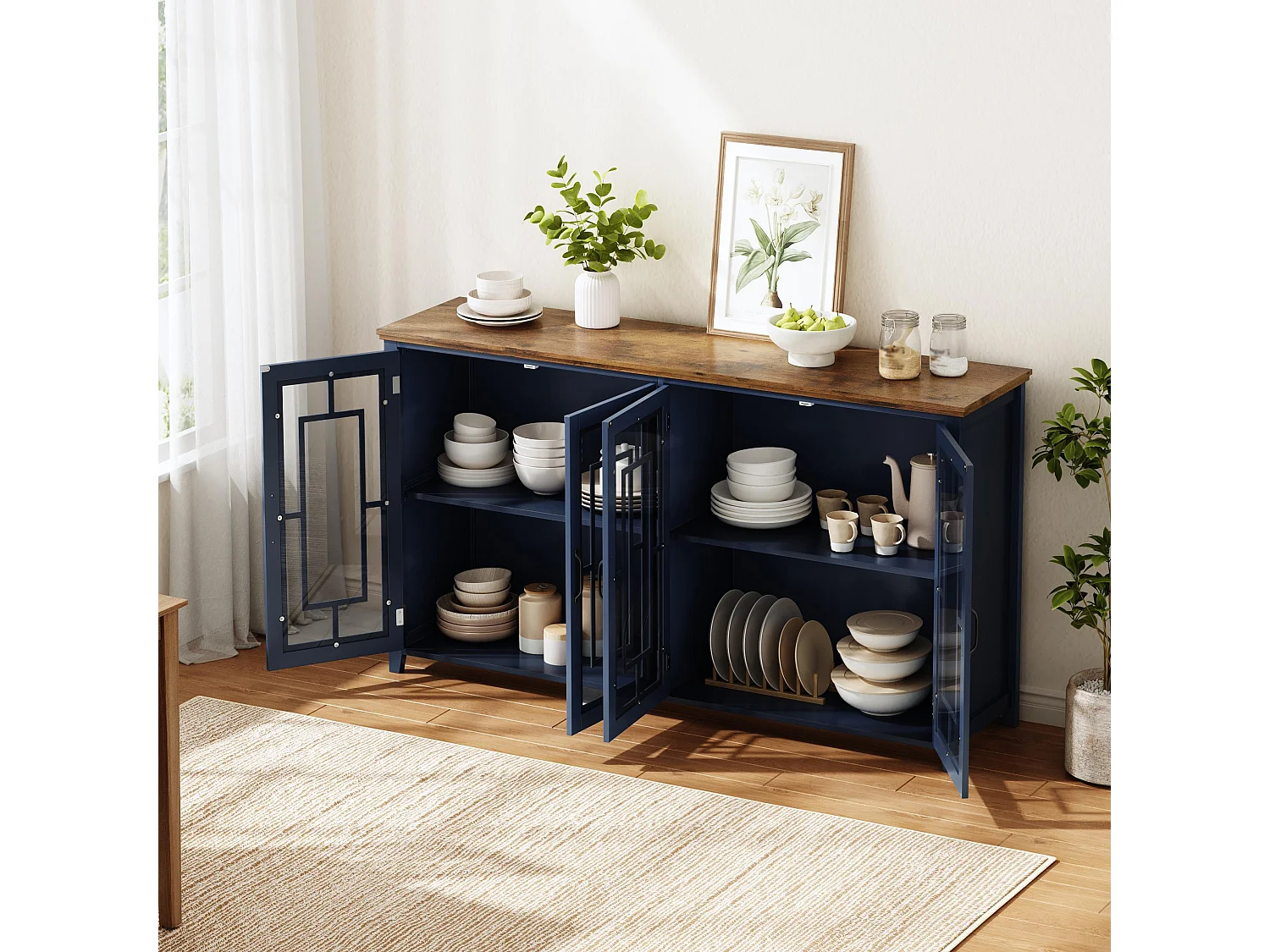 Buffet moderno 160x40x86cm - con 4 ante in vetro - piano in legno effetto legno - Blu