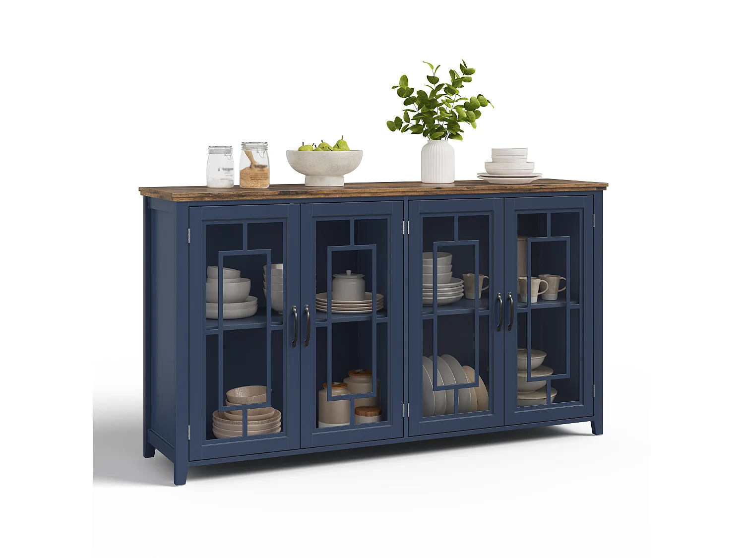 Buffet moderno 160x40x86cm - con 4 ante in vetro - piano in legno effetto legno - Blu