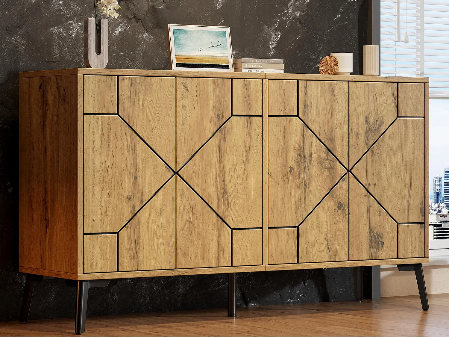 Buffet motif vagues 120×35×69 cm - Meuble de rangement 4 portes - Finition bois - Pieds en métal - MDF -Naturel