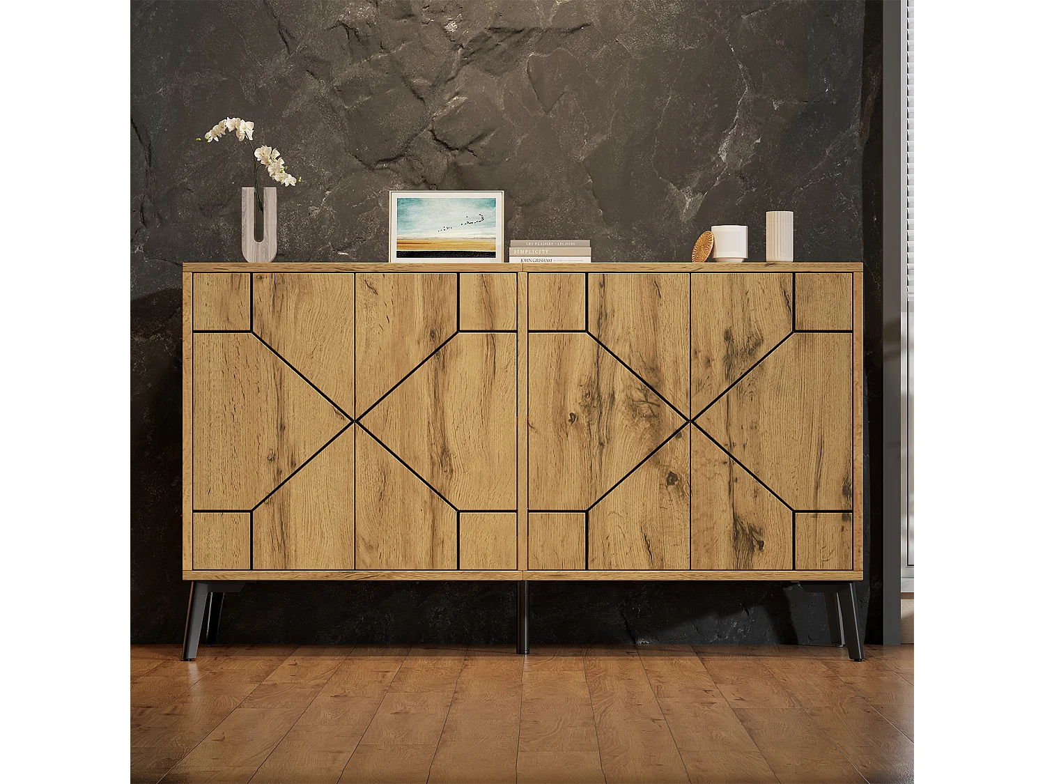 Buffet motif vagues 120×35×69 cm - Meuble de rangement 4 portes - Finition bois - Pieds en métal - MDF -Naturel
