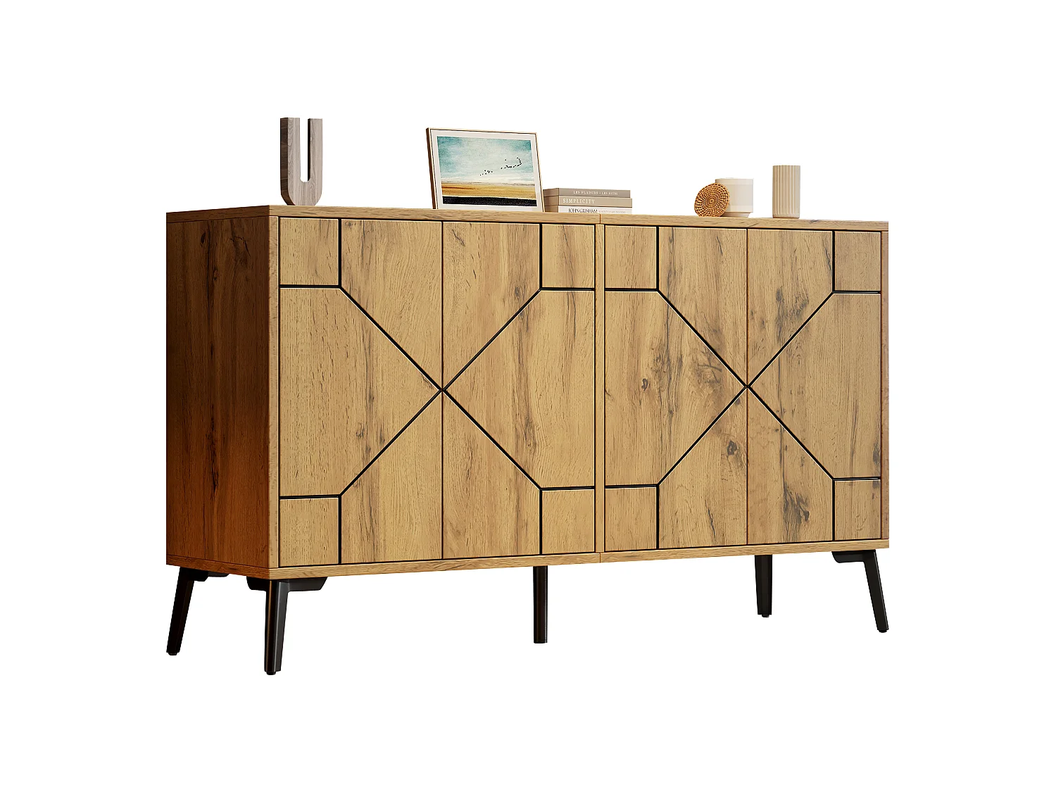 Buffet motif vagues 120×35×69 cm - Meuble de rangement 4 portes - Finition bois - Pieds en métal - MDF -Naturel