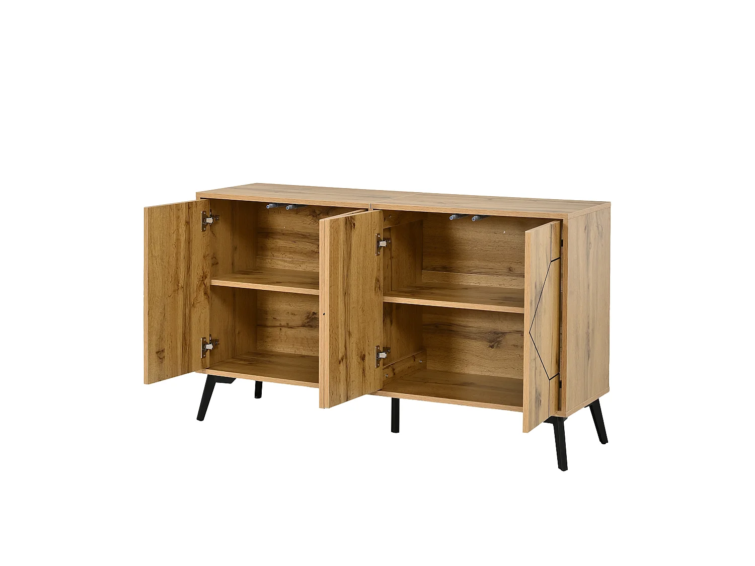 Buffet motif vagues 120×35×69 cm - Meuble de rangement 4 portes - Finition bois - Pieds en métal - MDF -Naturel