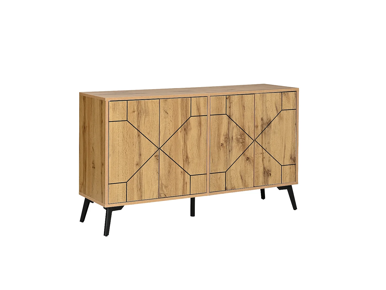 Buffet motif vagues 120×35×69 cm - Meuble de rangement 4 portes - Finition bois - Pieds en métal - MDF -Naturel