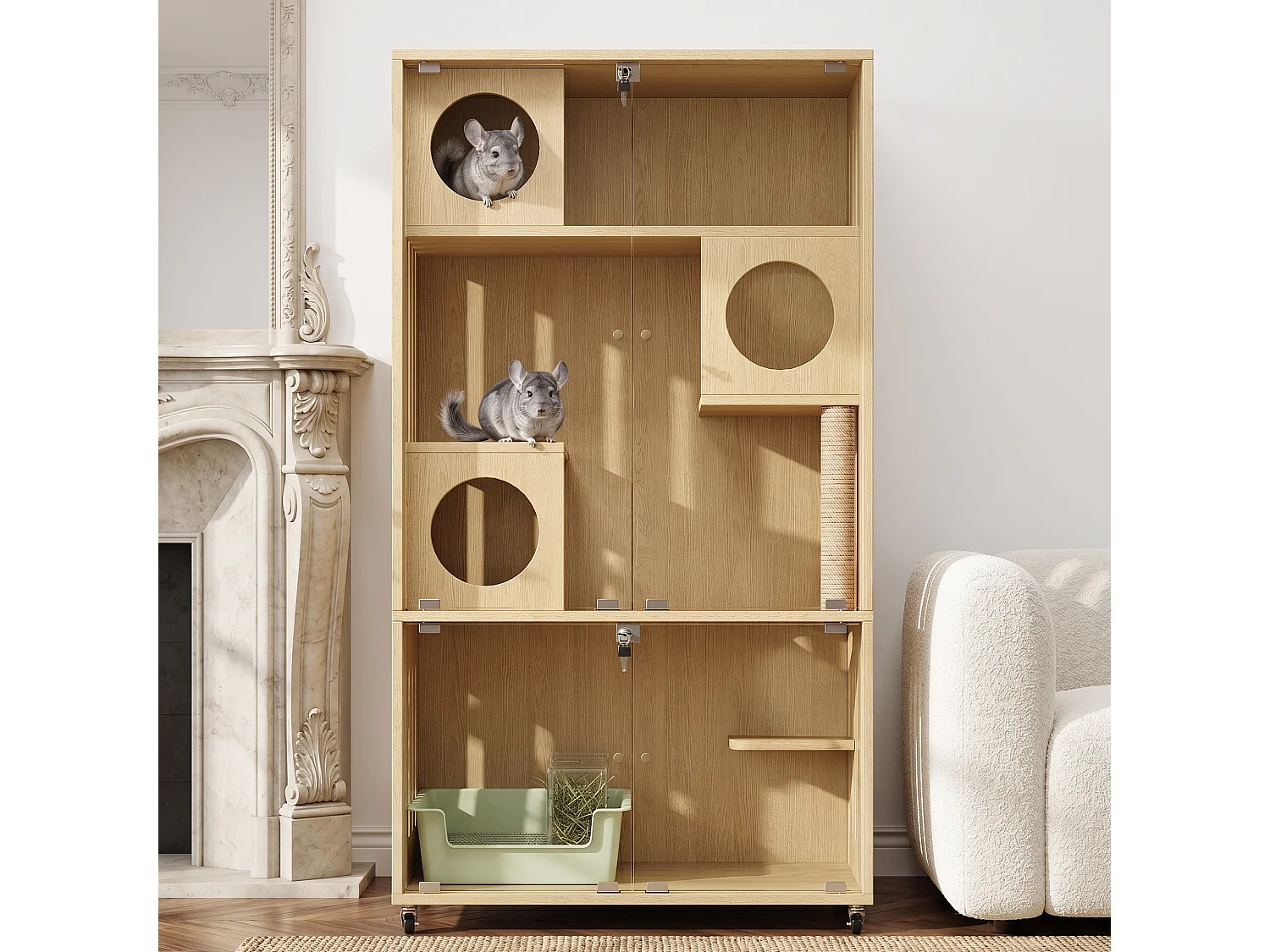 Maison pour chat, ville mobile pour chat, cage - Avec griffoir - Avec serrure à clé et entrée/sortie - Naturel (Bac à litière non inclus)