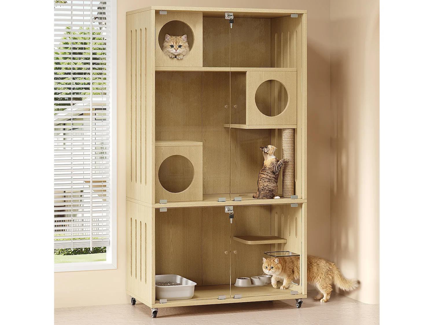 Maison pour chat, ville mobile pour chat, cage - Avec griffoir - Avec serrure à clé et entrée/sortie - Naturel (Bac à litière non inclus)