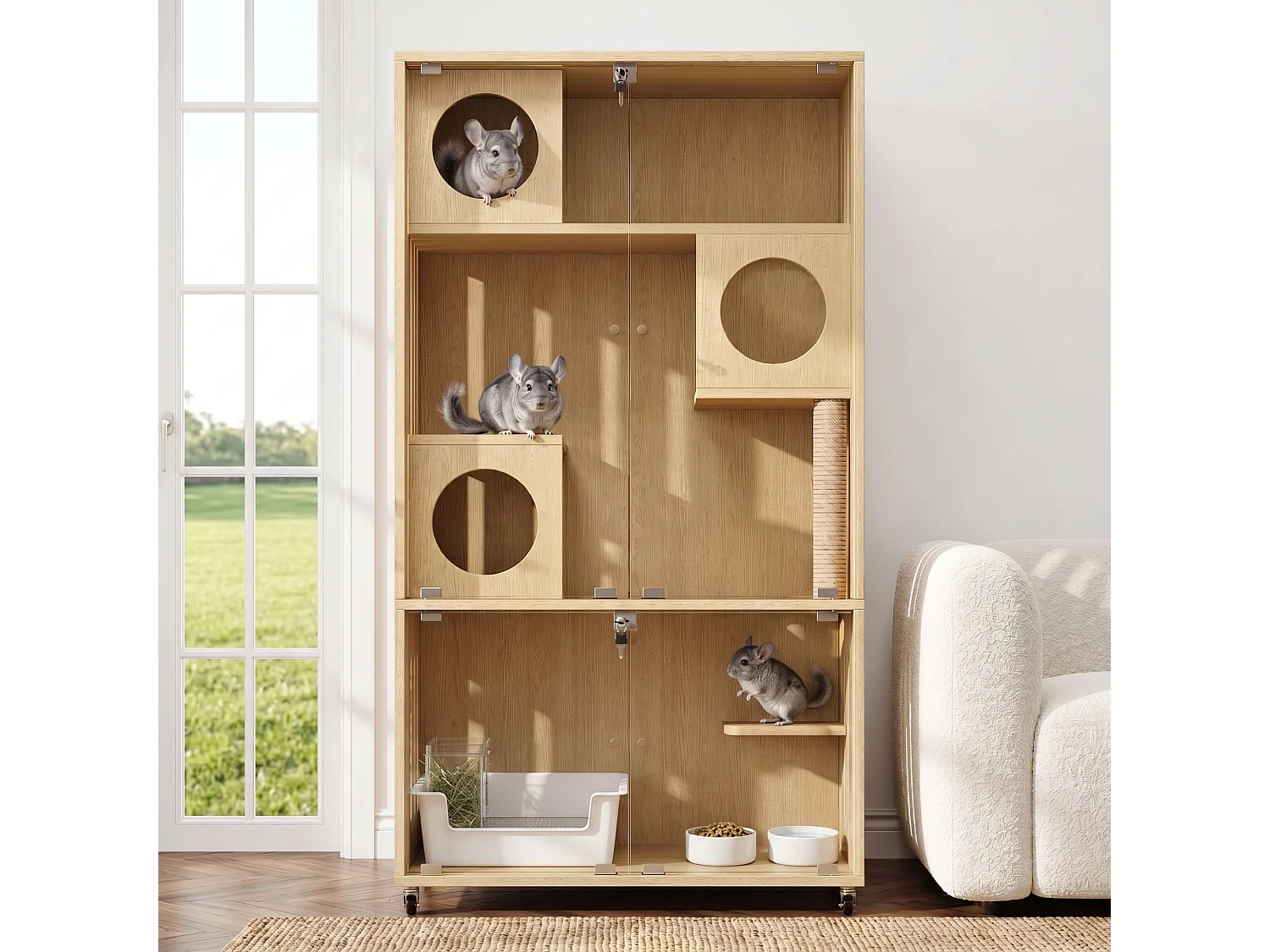 Maison pour chat, ville mobile pour chat, cage - Avec griffoir - Avec serrure à clé et entrée/sortie - Naturel (Bac à litière non inclus)