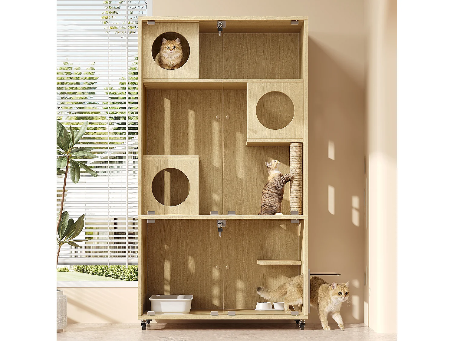 Maison pour chat, ville mobile pour chat, cage - Avec griffoir - Avec serrure à clé et entrée/sortie - Naturel (Bac à litière non inclus)