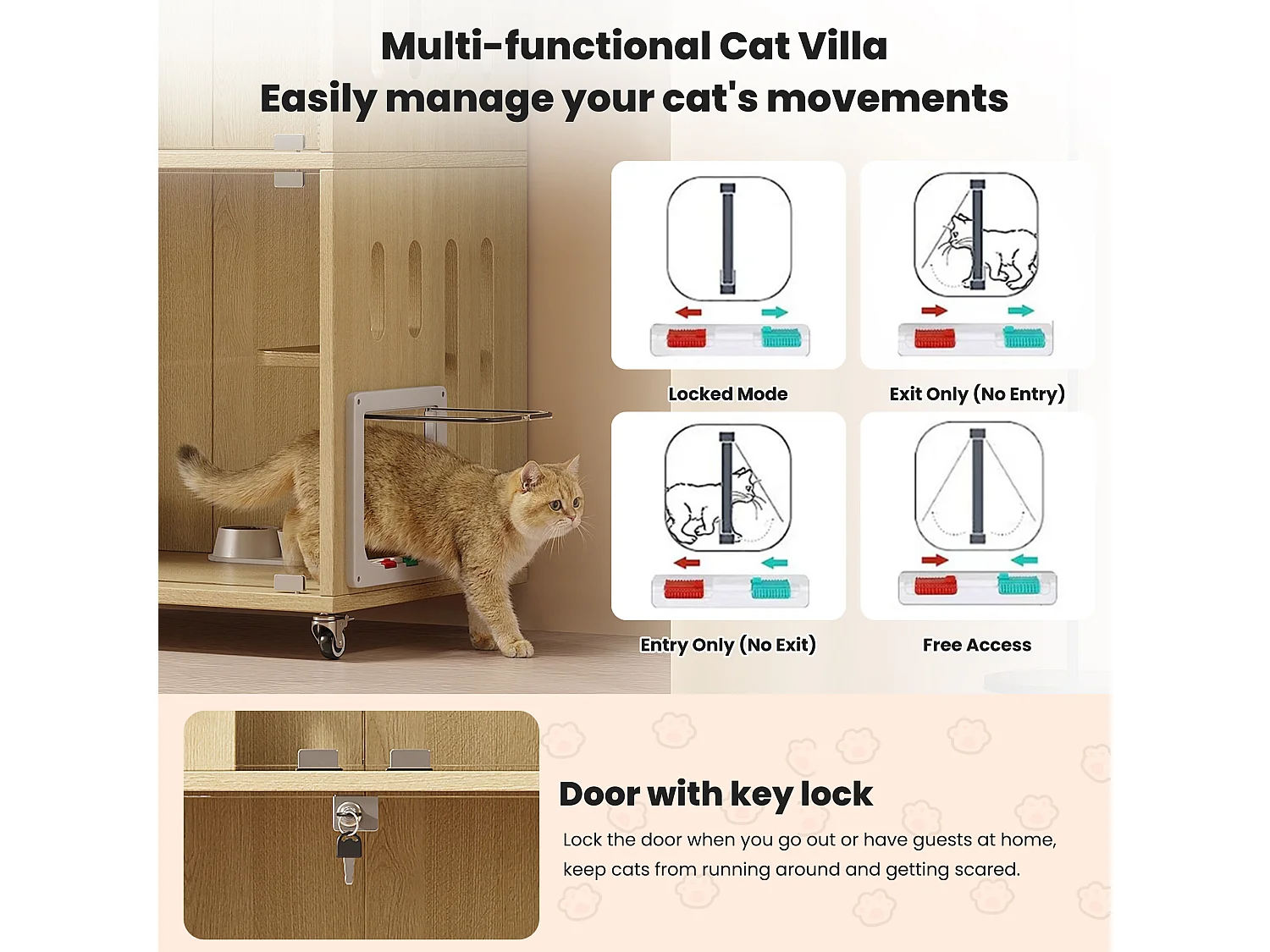 Maison pour chat, ville mobile pour chat, cage - Avec griffoir - Avec serrure à clé et entrée/sortie - Naturel (Bac à litière non inclus)