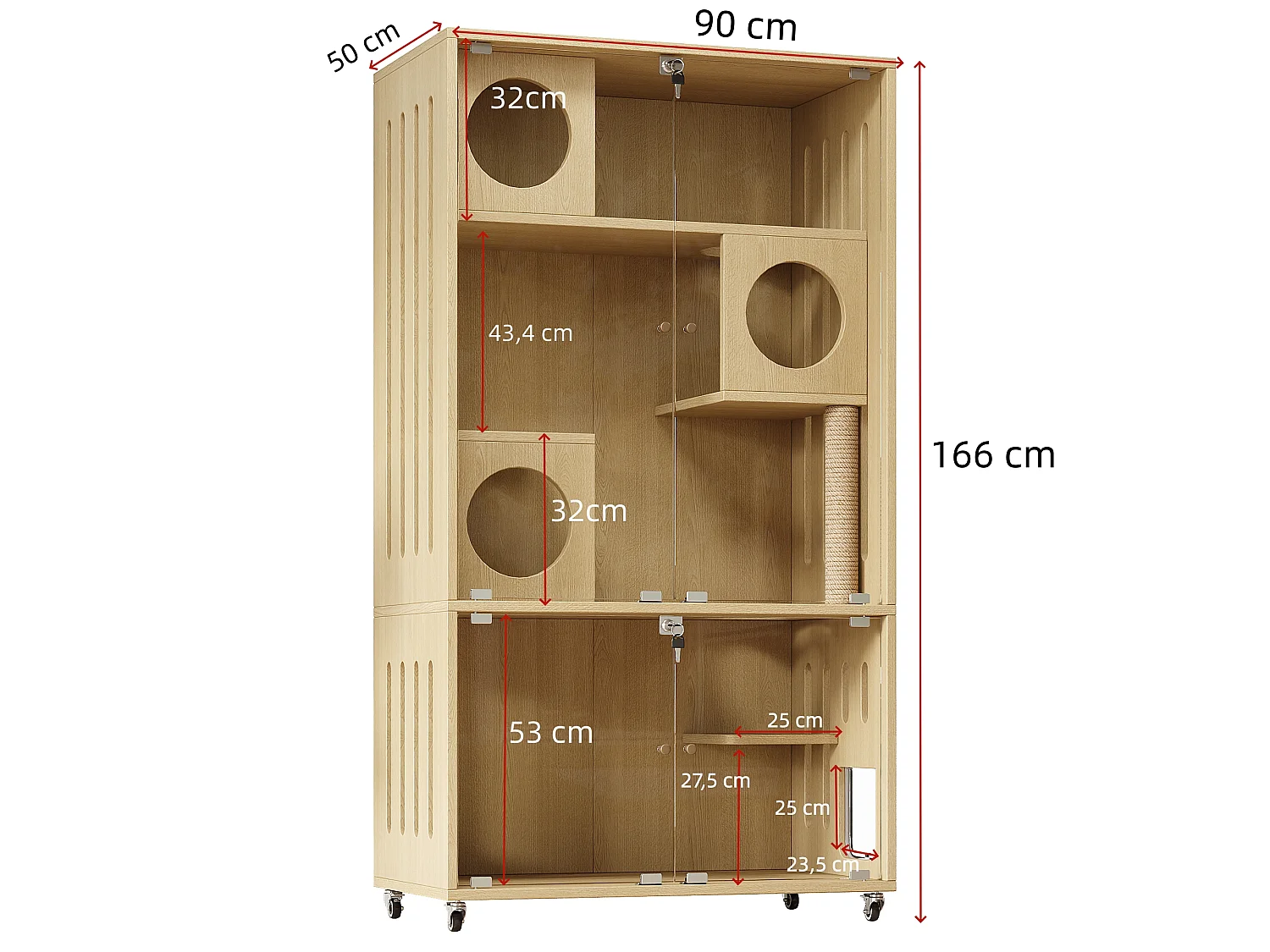 Maison pour chat, ville mobile pour chat, cage - Avec griffoir - Avec serrure à clé et entrée/sortie - Naturel (Bac à litière non inclus)