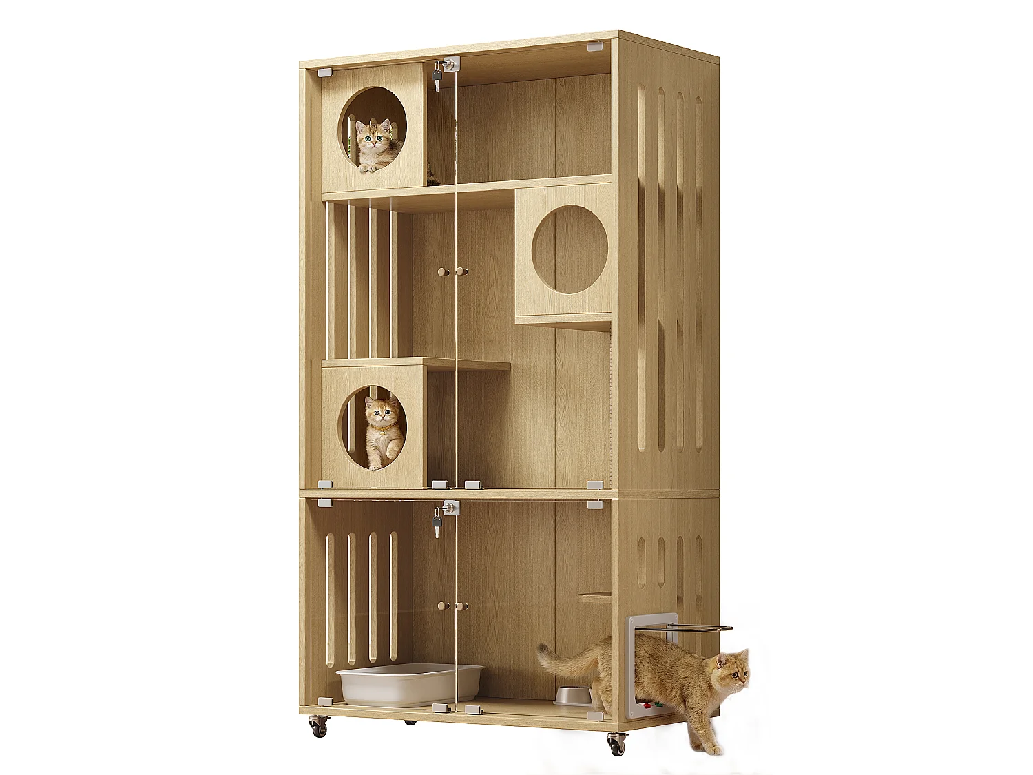 Maison pour chat, ville mobile pour chat, cage - Avec griffoir - Avec serrure à clé et entrée/sortie - Naturel (Bac à litière non inclus)