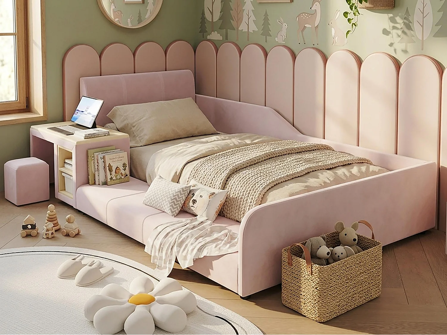Lit enfant 90x200 cm rembourré en velours - avec bureau et tabouret pour enfants - avec étagère de rangement - Rose (sans matelas)