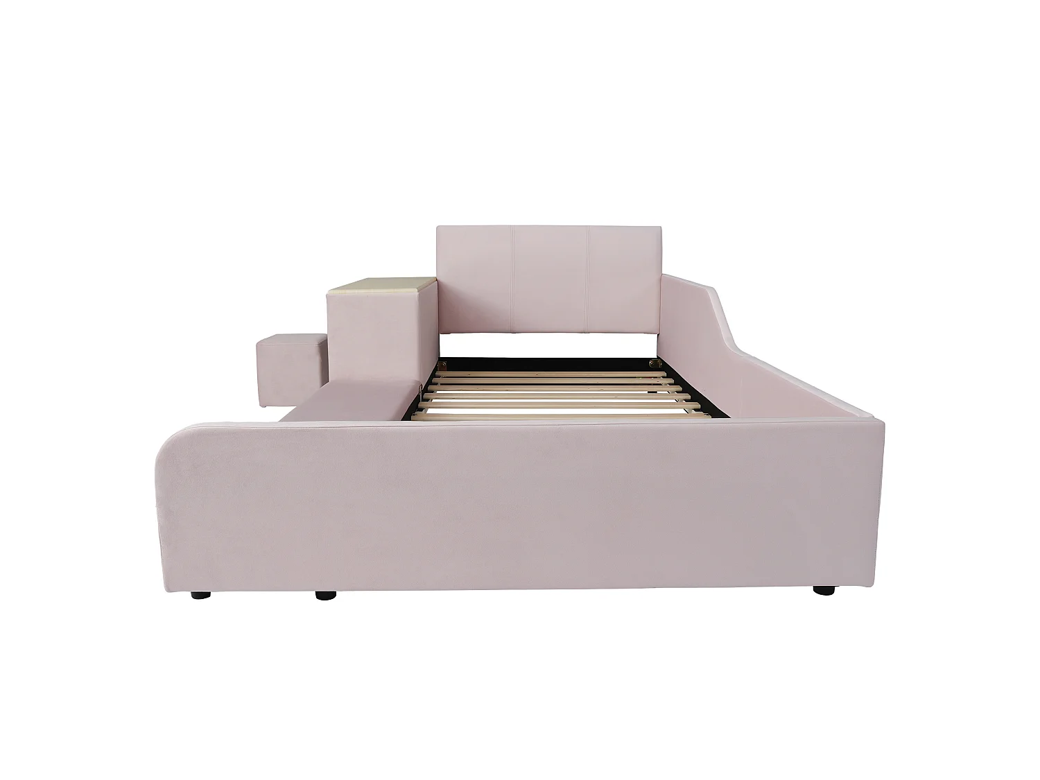 Lit enfant 90x200 cm rembourré en velours - avec bureau et tabouret pour enfants - avec étagère de rangement - Rose (sans matelas)