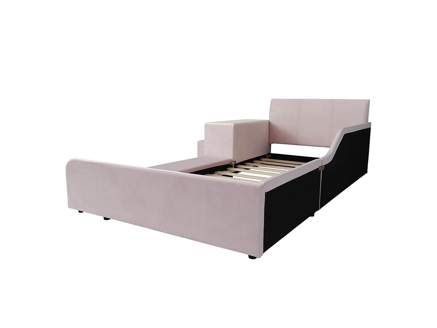 Lit enfant 90x200 cm rembourré en velours - avec bureau et tabouret pour enfants - avec étagère de rangement - Rose (sans matelas)