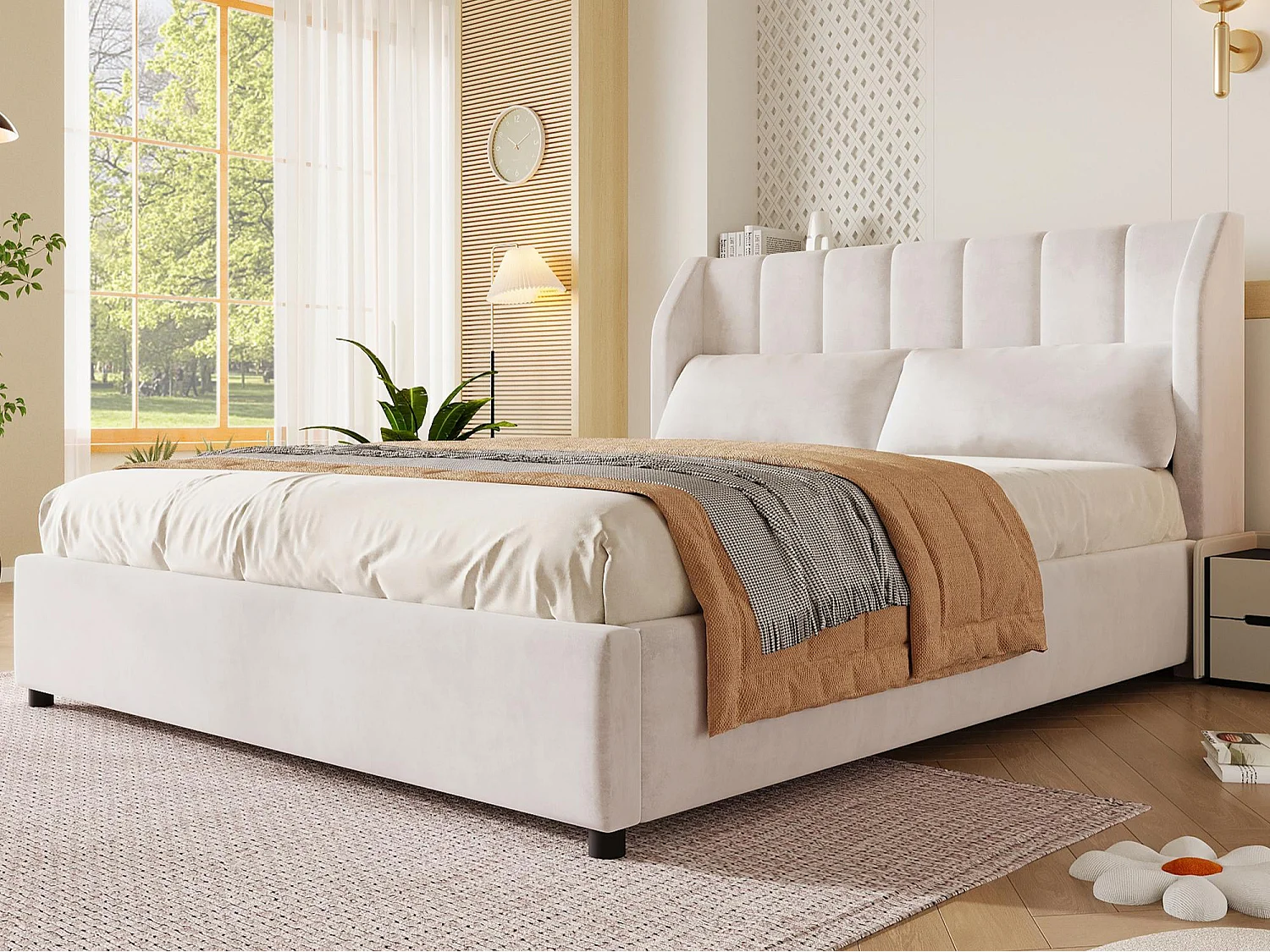 Dobbelseng med tufting 140x200 cm - Voksenseng med 2 ryggpuder - Flanelstof - MDF - Beige (Madras ikke inkluderet)