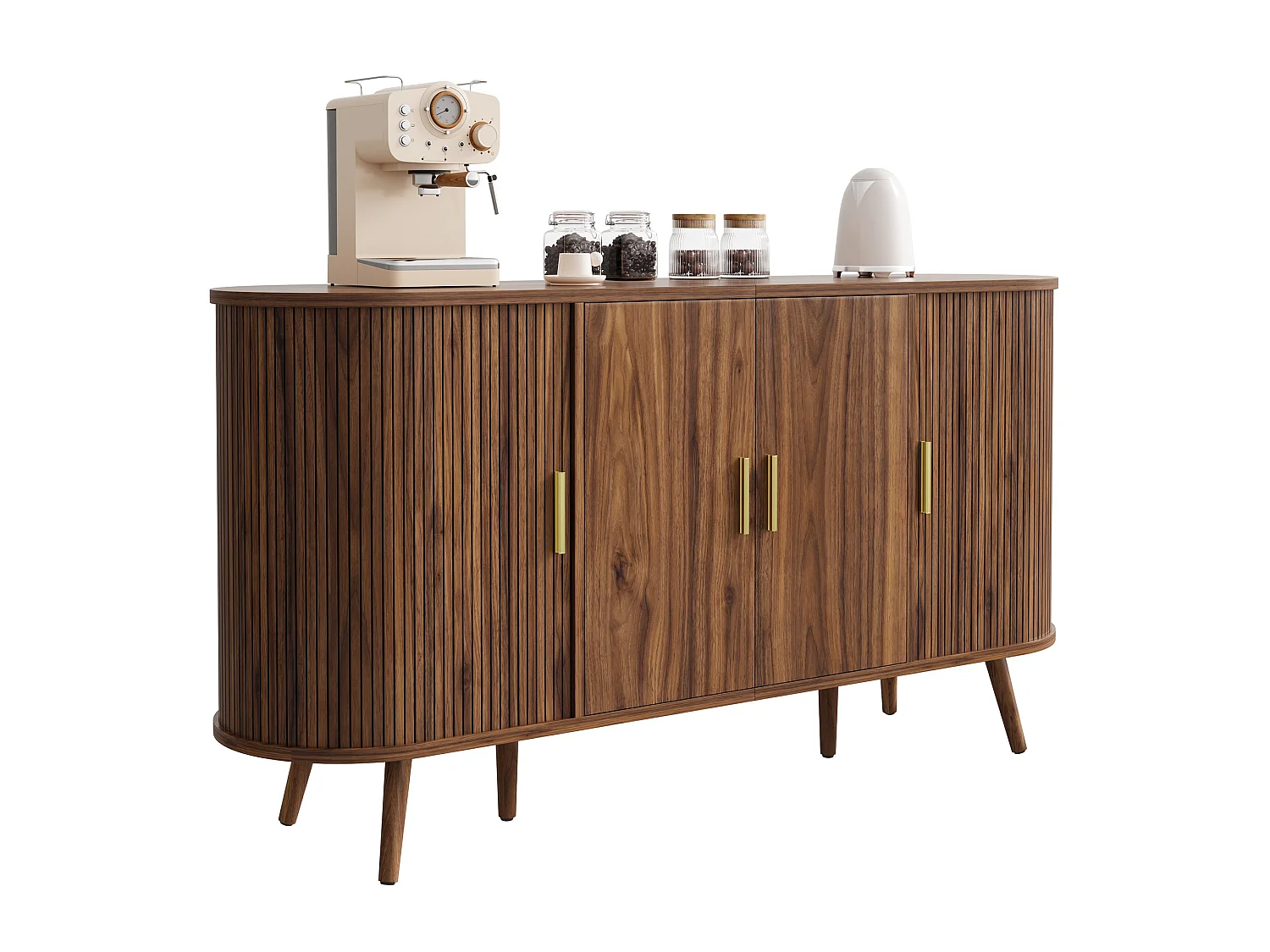 Gebogen dressoir 150 × 40 × 79 cm - 4 deuren - Verticale groeven - Metalen handgrepen - MDF - Bruin