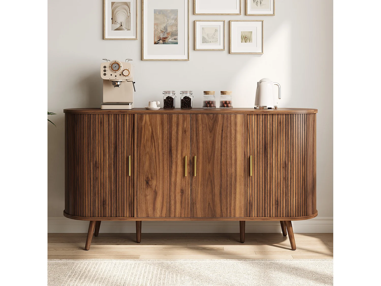 Gebogen dressoir 150 × 40 × 79 cm - 4 deuren - Verticale groeven - Metalen handgrepen - MDF - Bruin