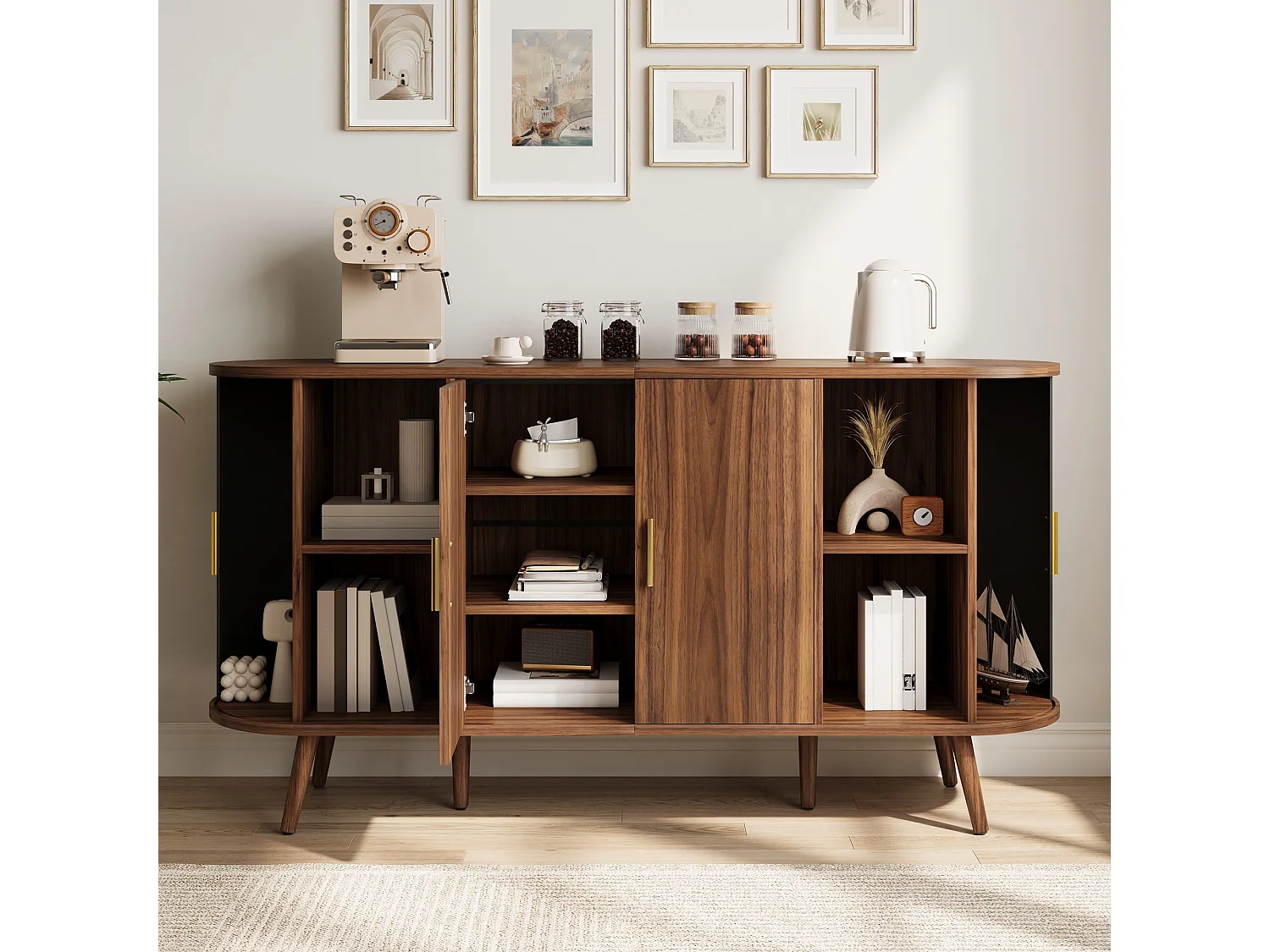 Gebogen dressoir 150 × 40 × 79 cm - 4 deuren - Verticale groeven - Metalen handgrepen - MDF - Bruin