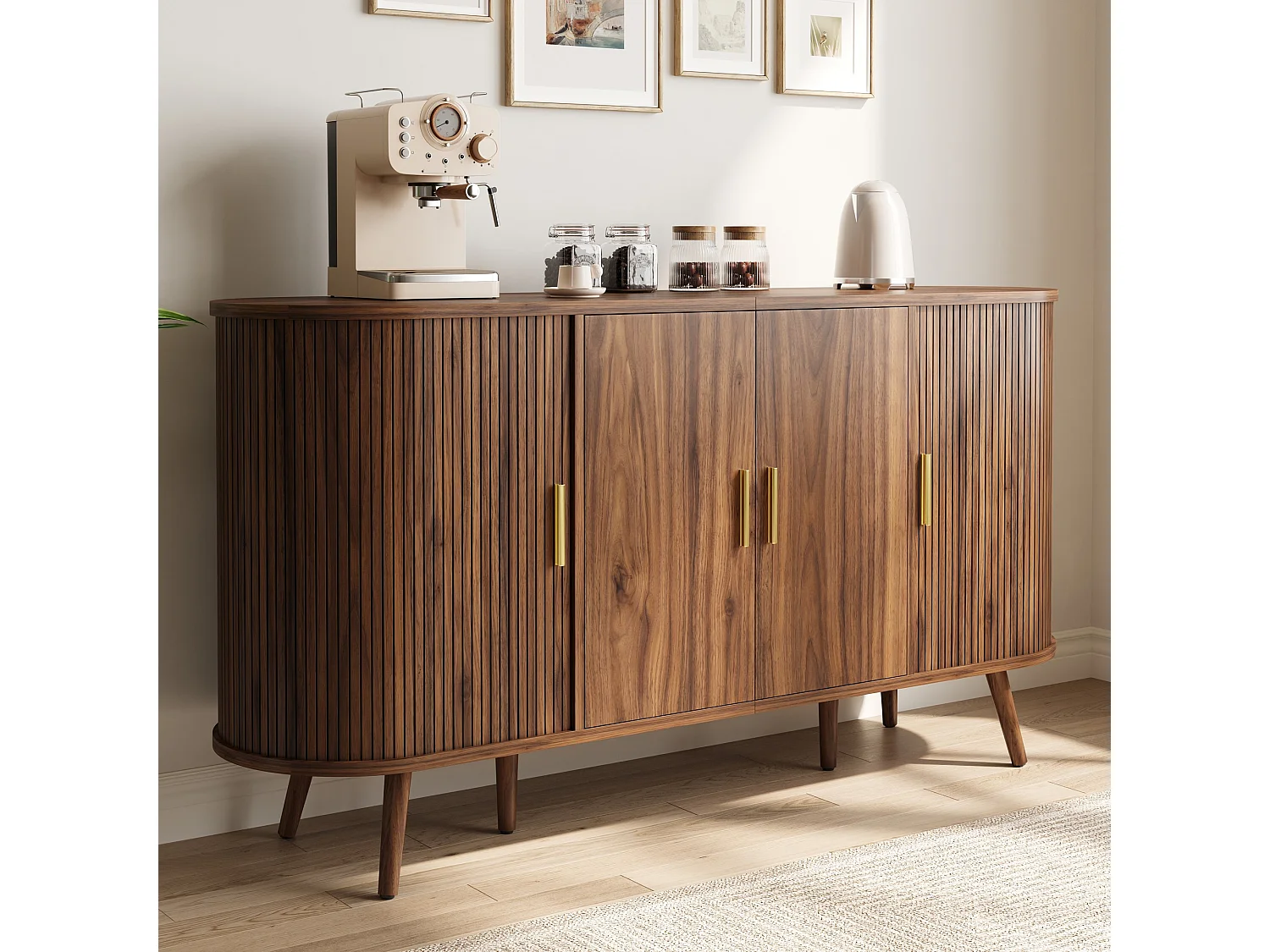 Gebogen dressoir 150 × 40 × 79 cm - 4 deuren - Verticale groeven - Metalen handgrepen - MDF - Bruin