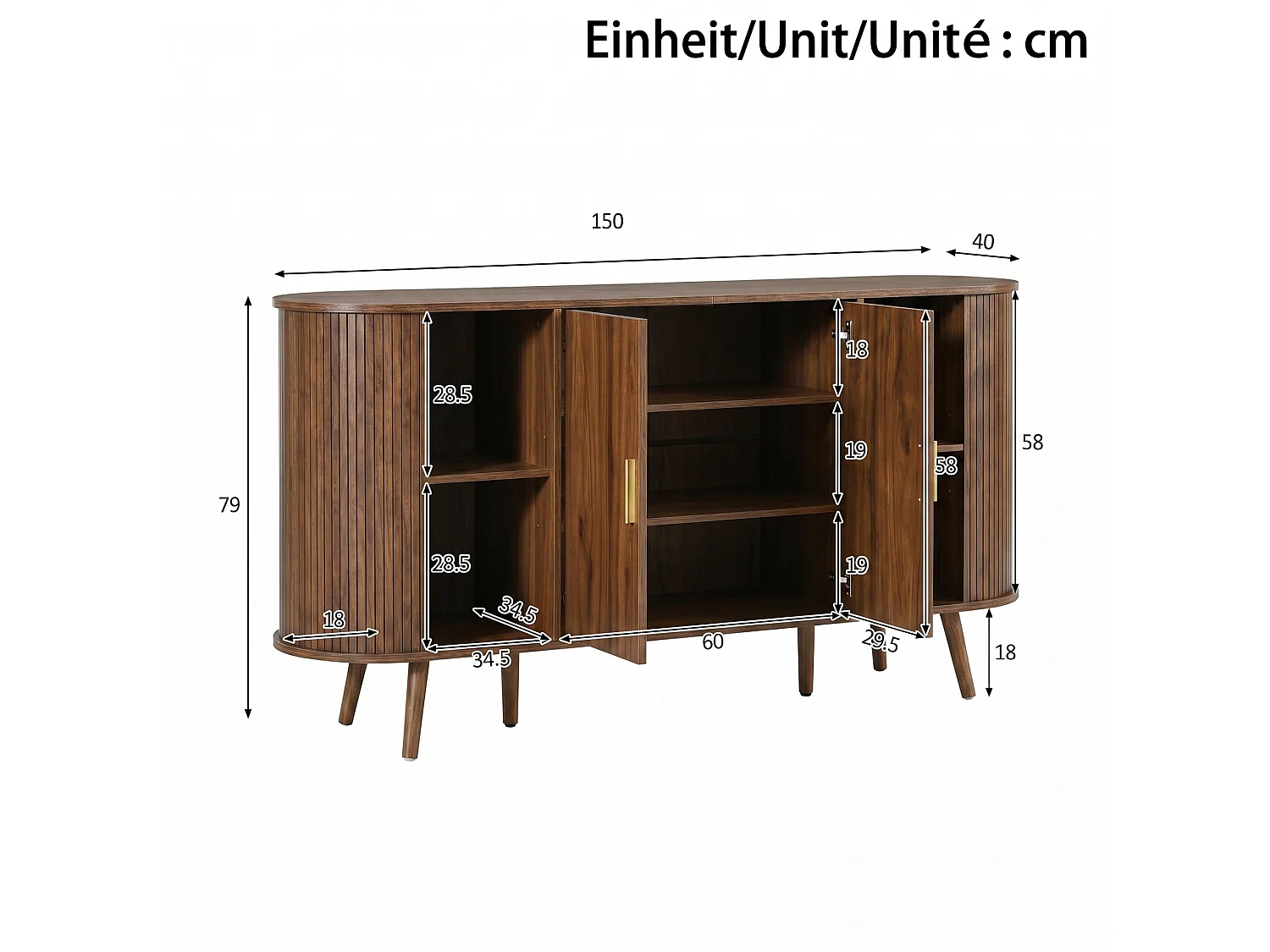 Gebogen dressoir 150 × 40 × 79 cm - 4 deuren - Verticale groeven - Metalen handgrepen - MDF - Bruin