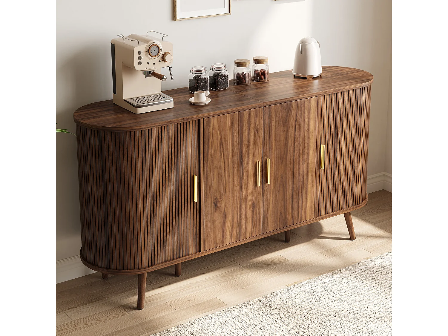 Gebogen dressoir 150 × 40 × 79 cm - 4 deuren - Verticale groeven - Metalen handgrepen - MDF - Bruin