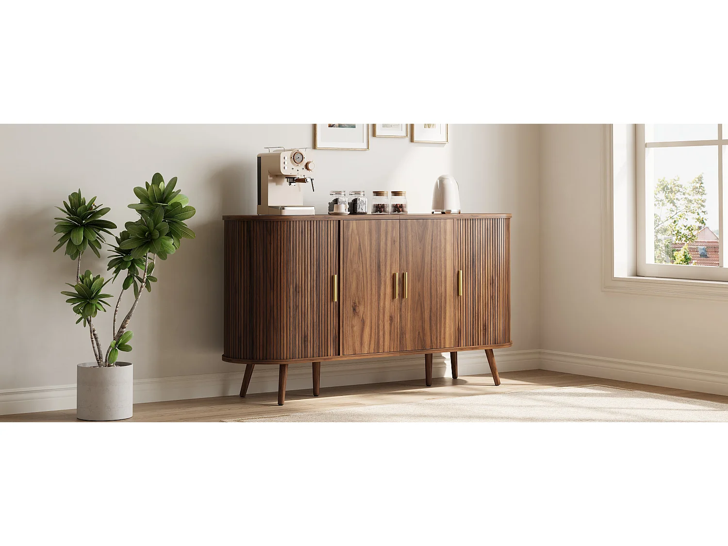 Gebogen dressoir 150 × 40 × 79 cm - 4 deuren - Verticale groeven - Metalen handgrepen - MDF - Bruin