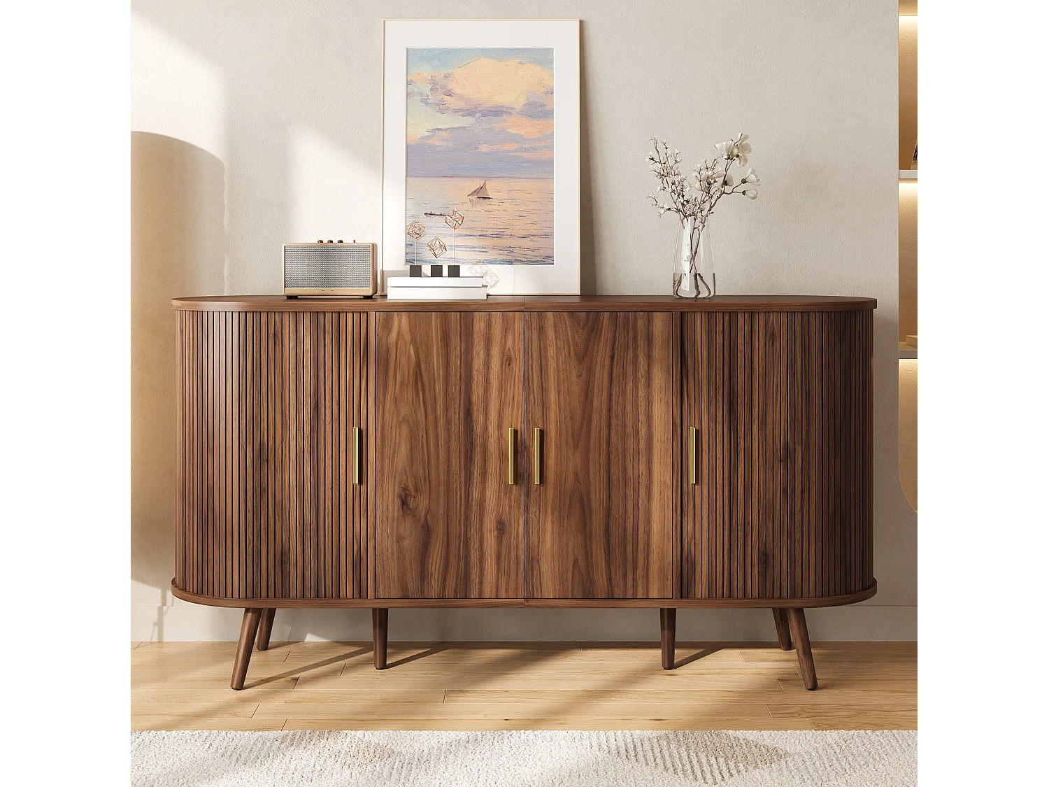 Gebogen dressoir 150 × 40 × 79 cm - 4 deuren - Verticale groeven - Metalen handgrepen - MDF - Bruin