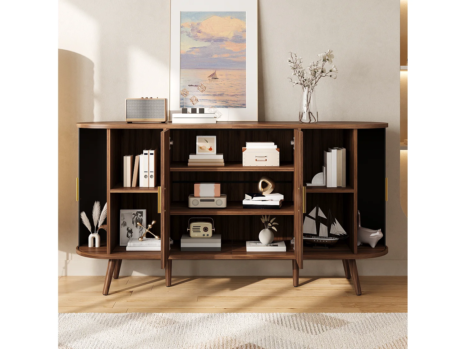 Gebogen dressoir 150 × 40 × 79 cm - 4 deuren - Verticale groeven - Metalen handgrepen - MDF - Bruin