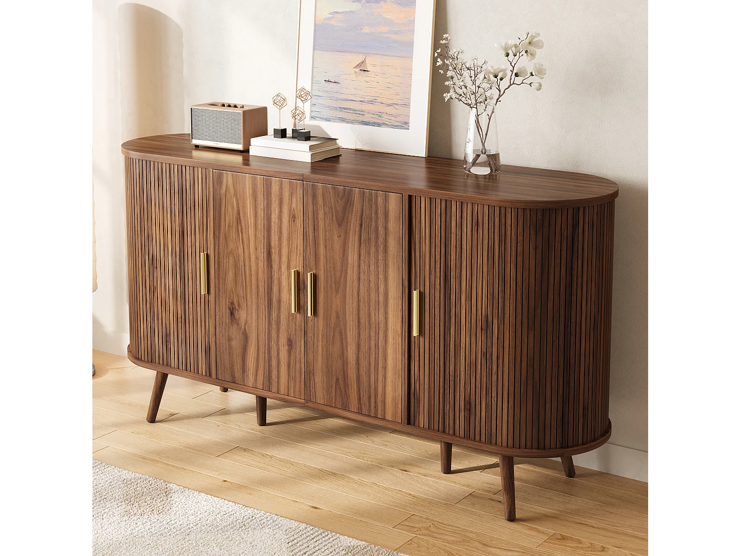 Gebogen dressoir 150 × 40 × 79 cm - 4 deuren - Verticale groeven - Metalen handgrepen - MDF - Bruin