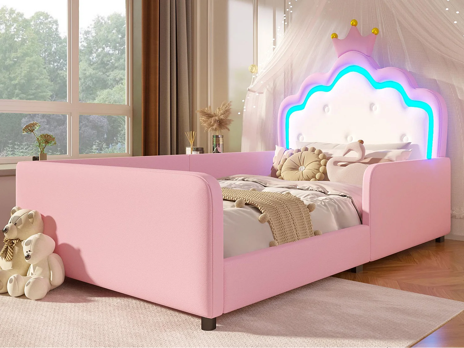Letto imbottito 90 x 190 cm - con luci LED - Letto principessa a forma di corona - con barriere di sicurezza - Rosa (materasso non incluso)