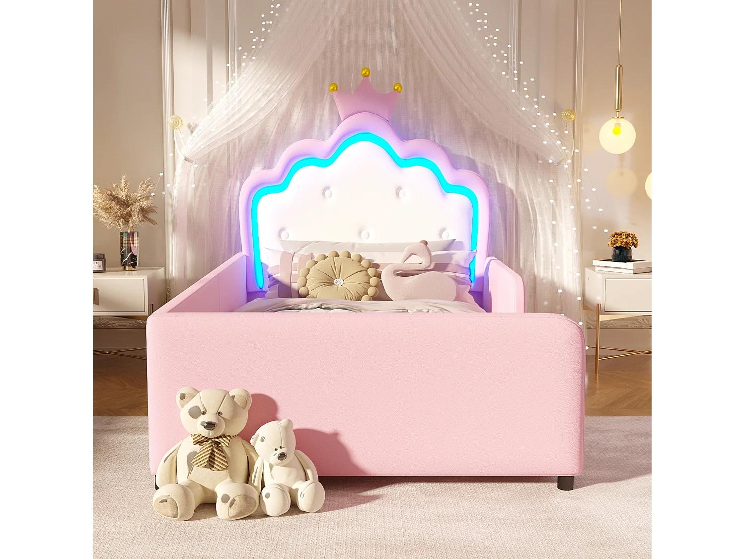 Letto imbottito 90 x 190 cm - con luci LED - Letto principessa a forma di corona - con barriere di sicurezza - Rosa (materasso non incluso)