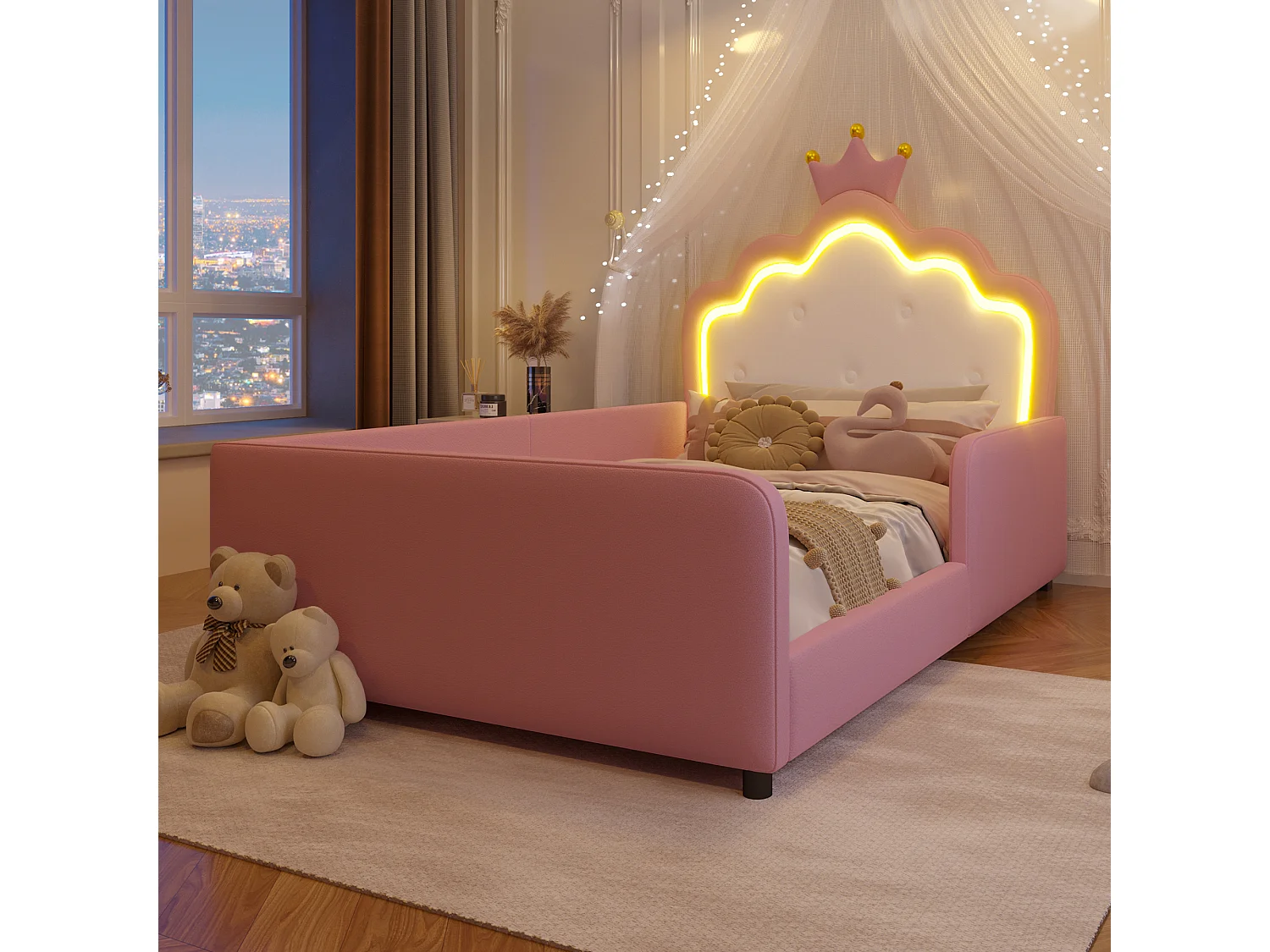 Letto imbottito 90 x 190 cm - con luci LED - Letto principessa a forma di corona - con barriere di sicurezza - Rosa (materasso non incluso)