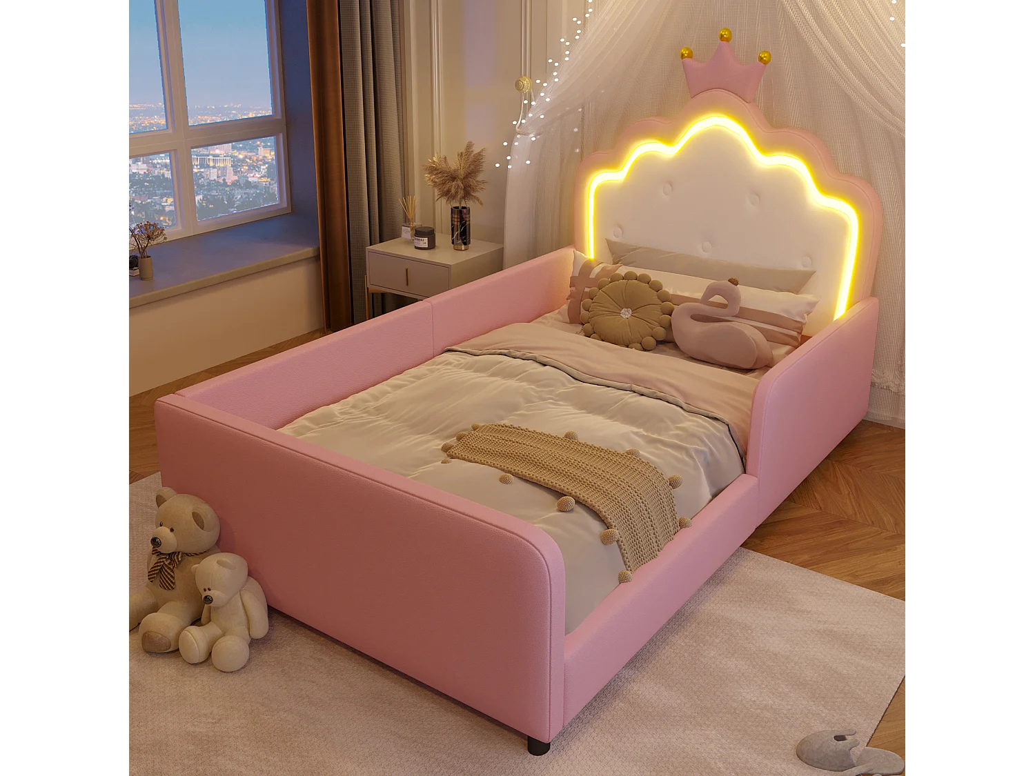 Letto imbottito 90 x 190 cm - con luci LED - Letto principessa a forma di corona - con barriere di sicurezza - Rosa (materasso non incluso)