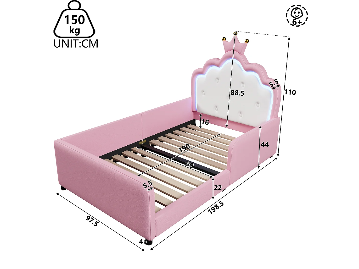 Letto imbottito 90 x 190 cm - con luci LED - Letto principessa a forma di corona - con barriere di sicurezza - Rosa (materasso non incluso)